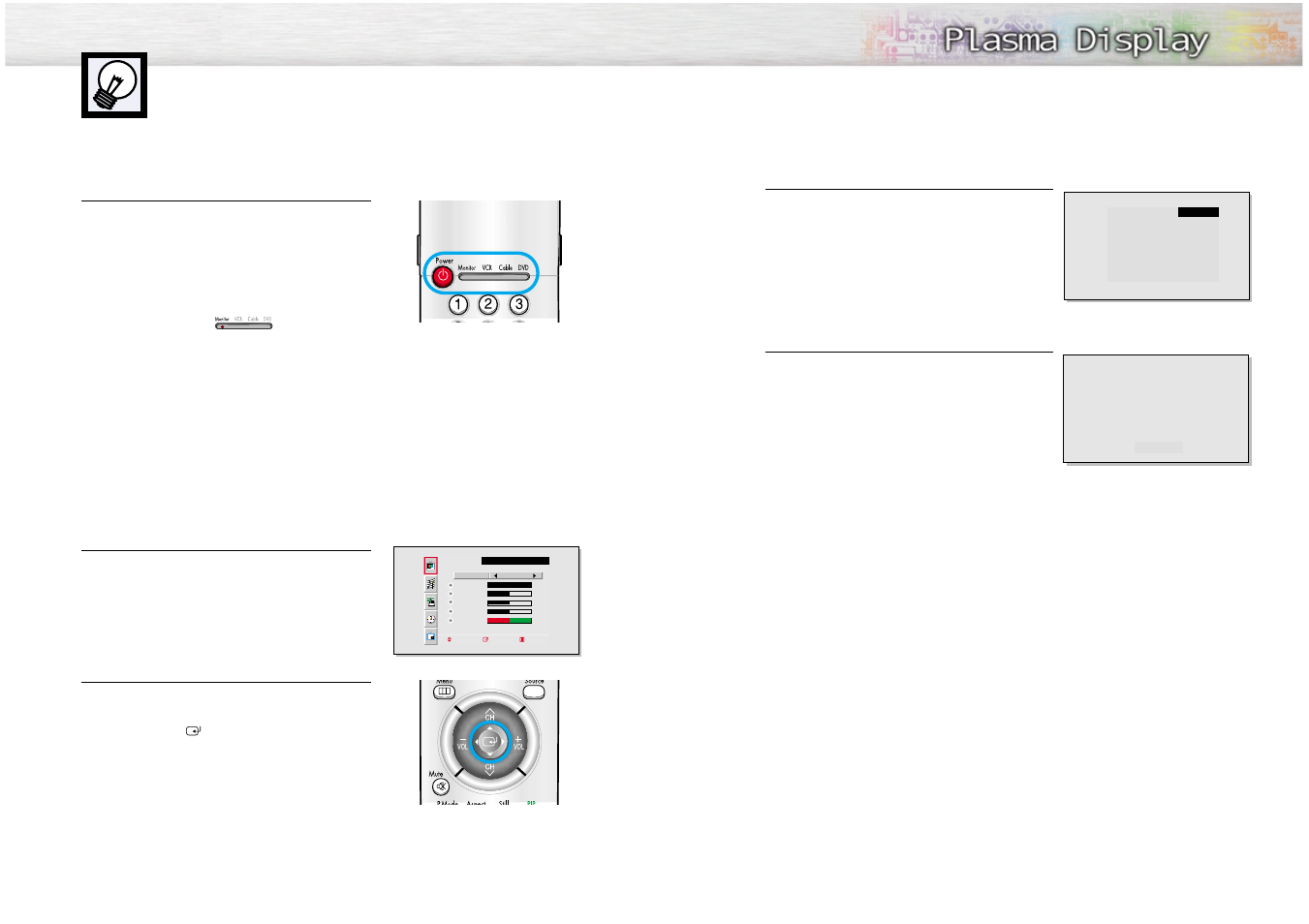 Turning the monitor(pdp) on and off, Viewing the menus and displays | Samsung SPL4225DX-XAA User Manual | Page 10 / 36