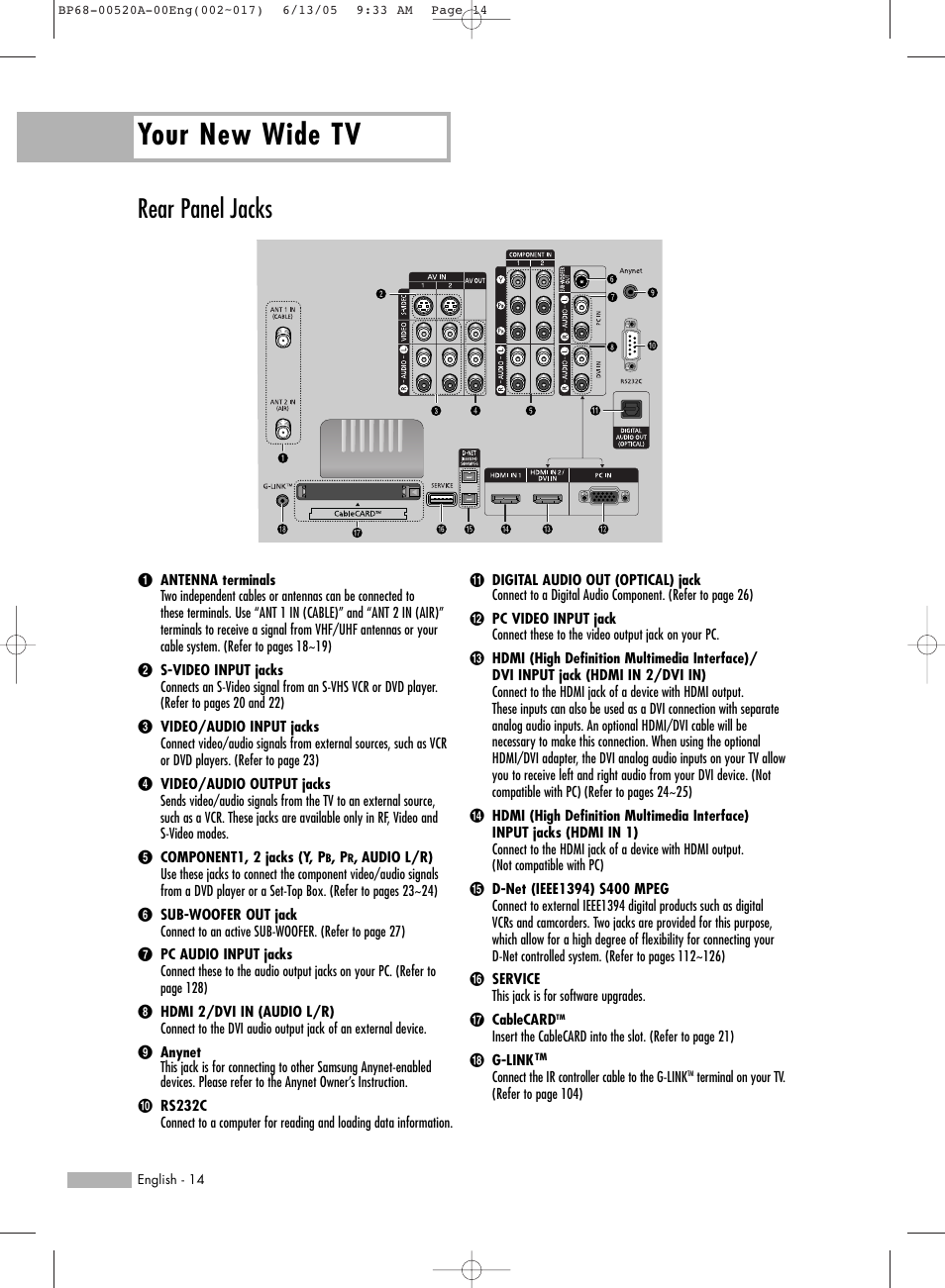 Rear panel jacks, Your new wide tv | Samsung HLR6168WX-XAC User Manual | Page 14 / 144