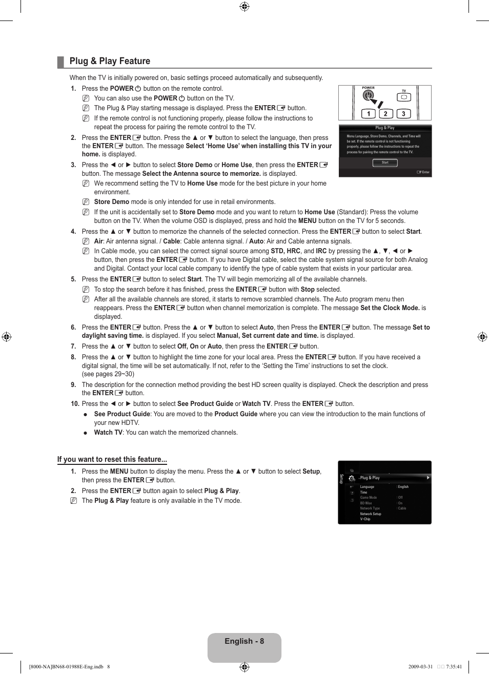 Plug & play feature | Samsung UN55B8000XFXZA User Manual | Page 10 / 290