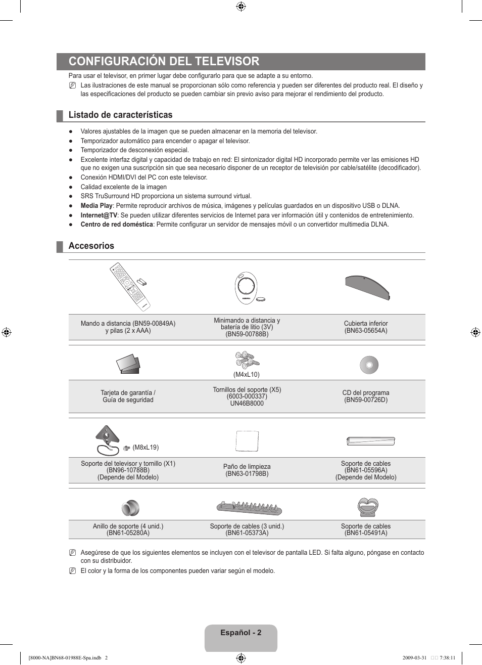 Configuración del televisor, Listado de características, Accesorios | Samsung UN55B8000XFXZA User Manual | Page 108 / 290