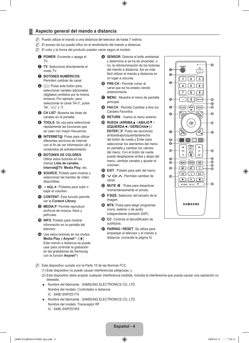 Aspecto general del mando a distancia | Samsung UN55B8000XFXZA User Manual | Page 110 / 290