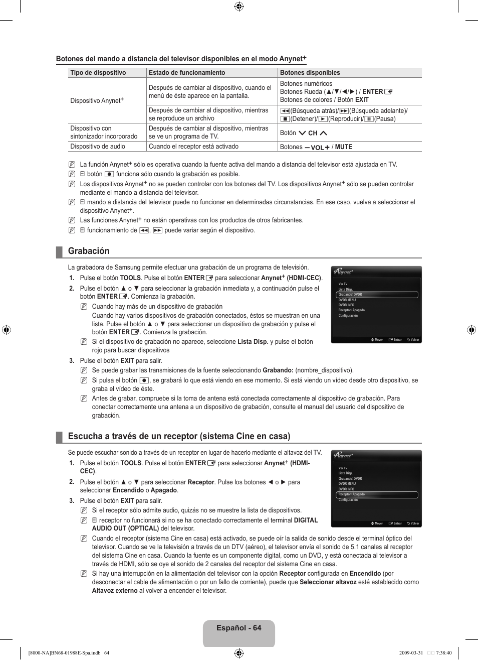 Grabación | Samsung UN55B8000XFXZA User Manual | Page 170 / 290