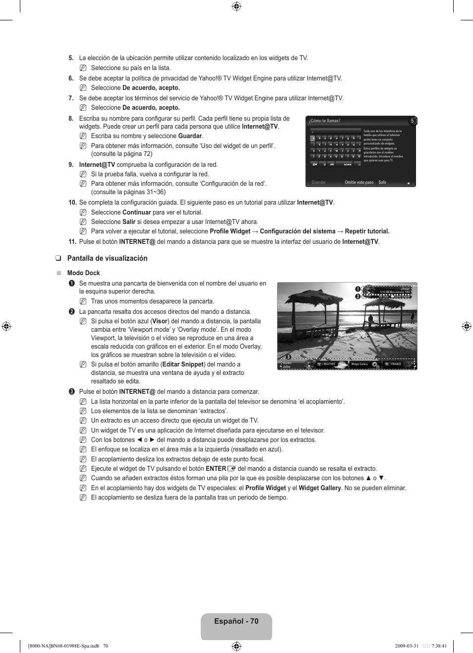 Español - 70, Pantalla de visualización | Samsung UN55B8000XFXZA User Manual | Page 176 / 290