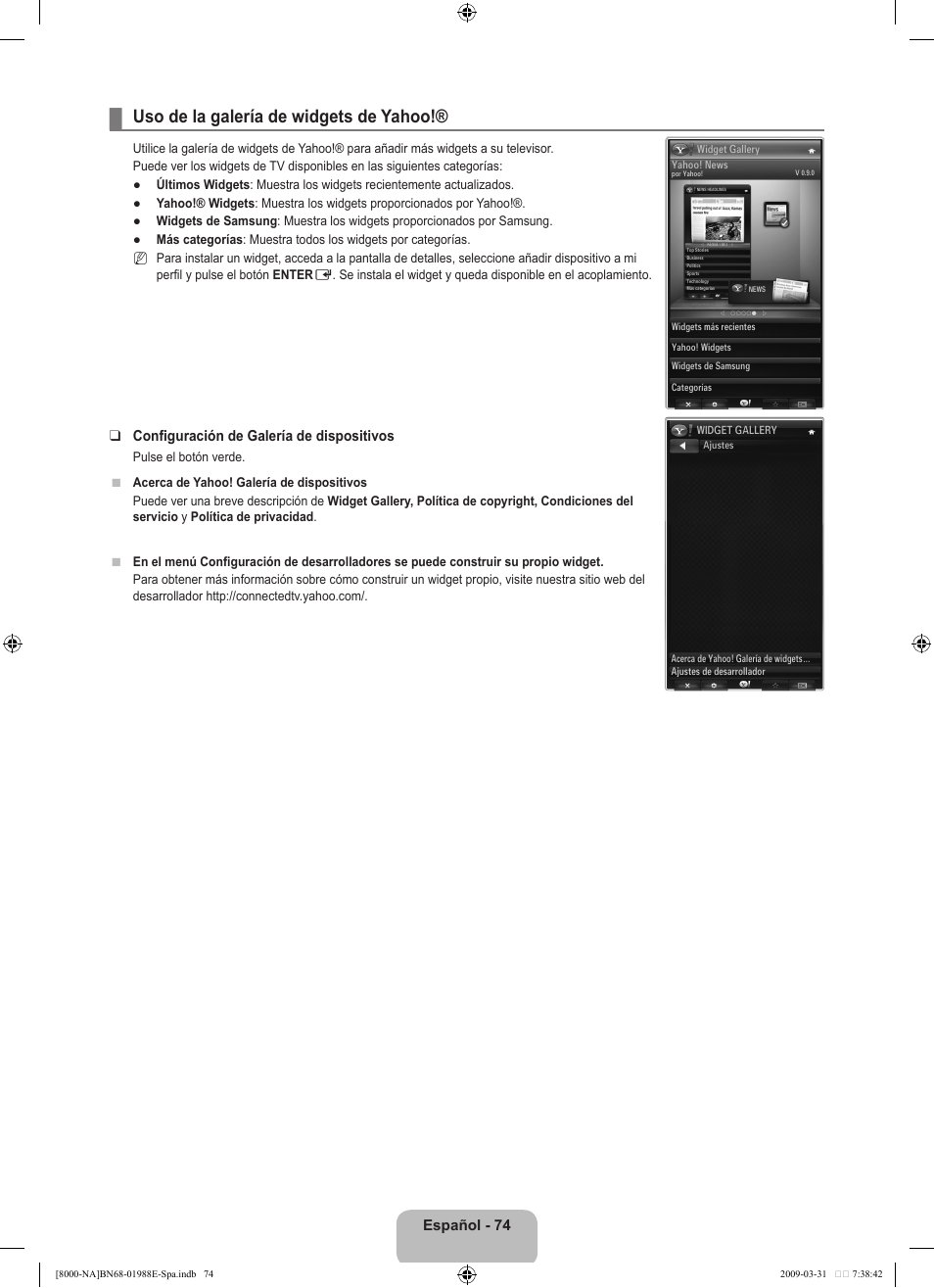 Uso de la galería de widgets de yahoo, Español - 74, Configuración de galería de dispositivos | Samsung UN55B8000XFXZA User Manual | Page 180 / 290