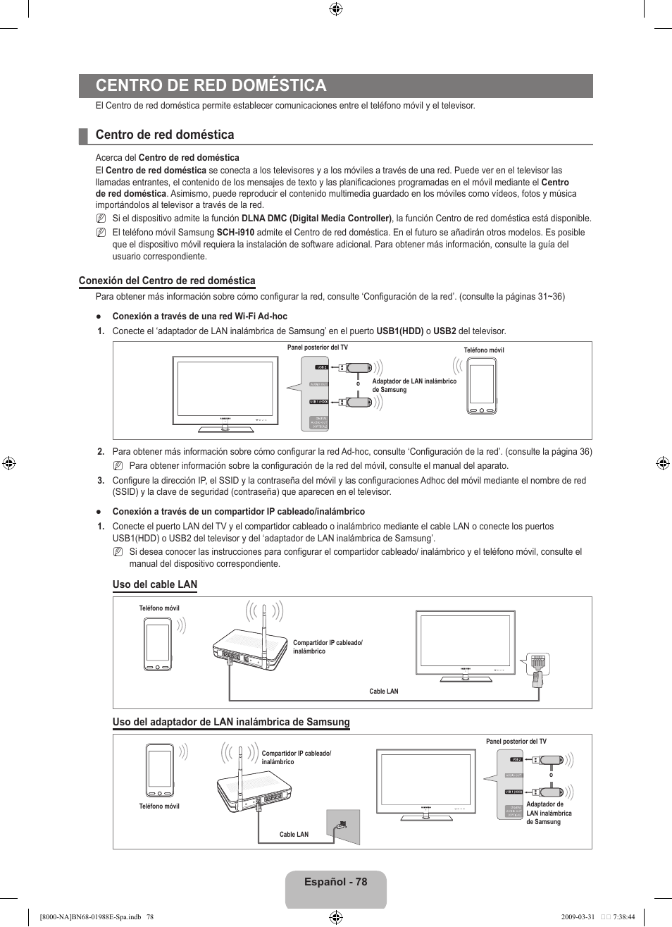 Centro de red doméstica | Samsung UN55B8000XFXZA User Manual | Page 184 / 290