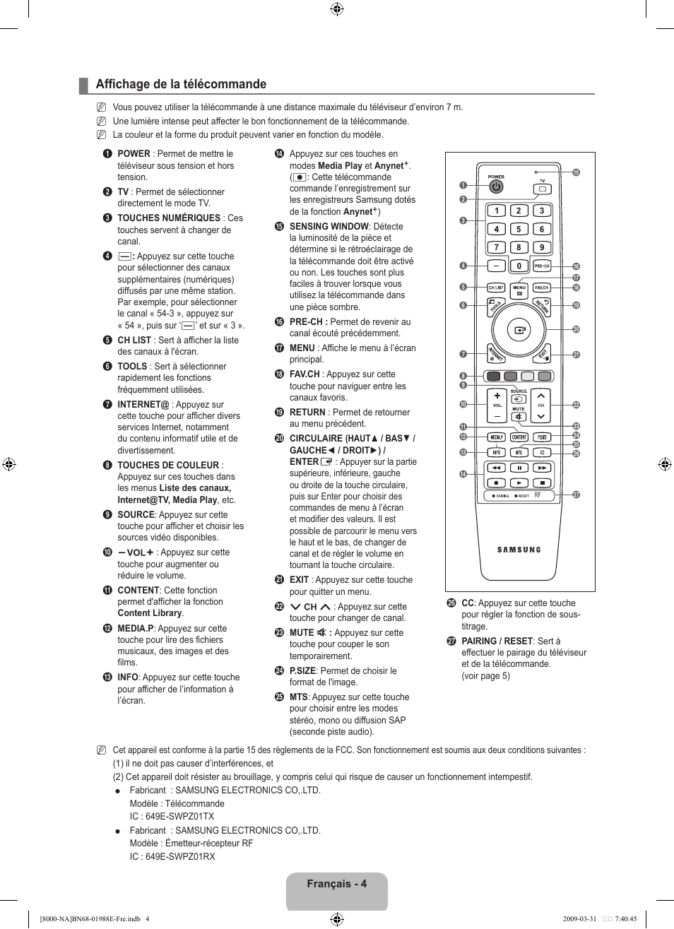 Affichage de la télécommande | Samsung UN55B8000XFXZA User Manual | Page 203 / 290