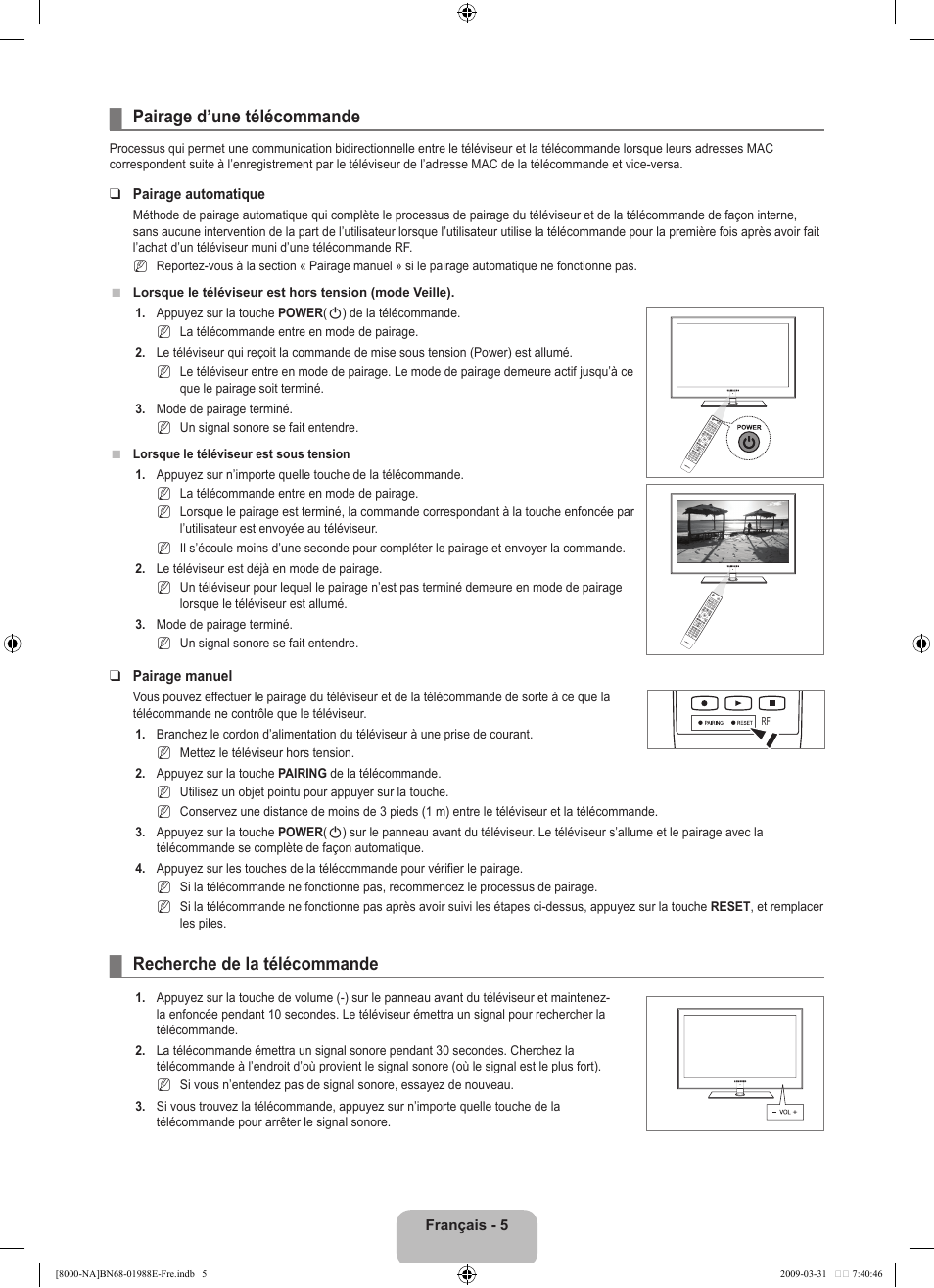 Pairage d’une télécommande, Recherche de la télécommande | Samsung UN55B8000XFXZA User Manual | Page 204 / 290