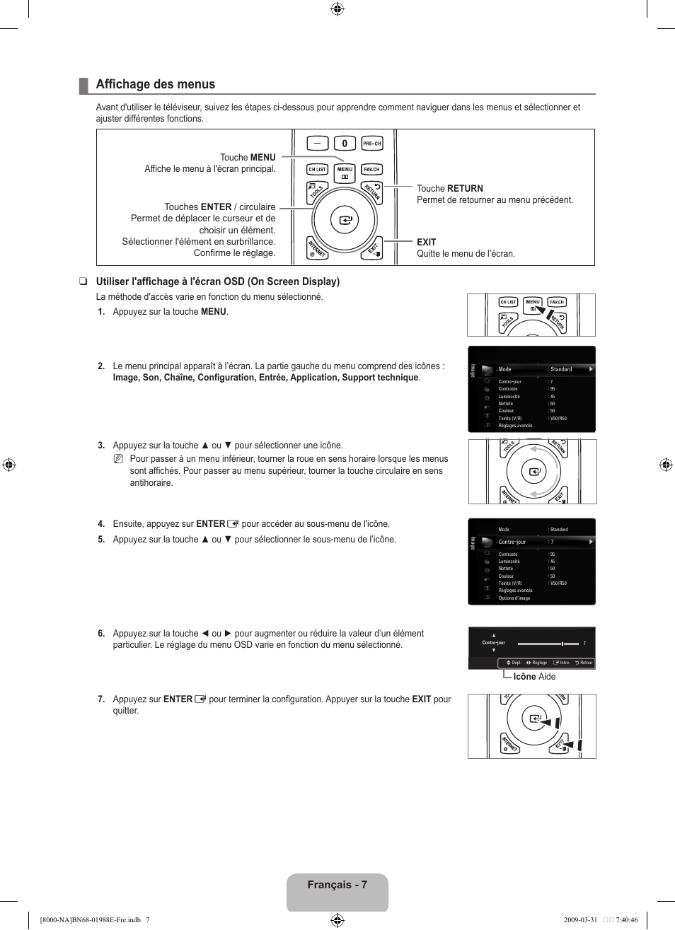 Affichage des menus, Français - 7 | Samsung UN55B8000XFXZA User Manual | Page 206 / 290