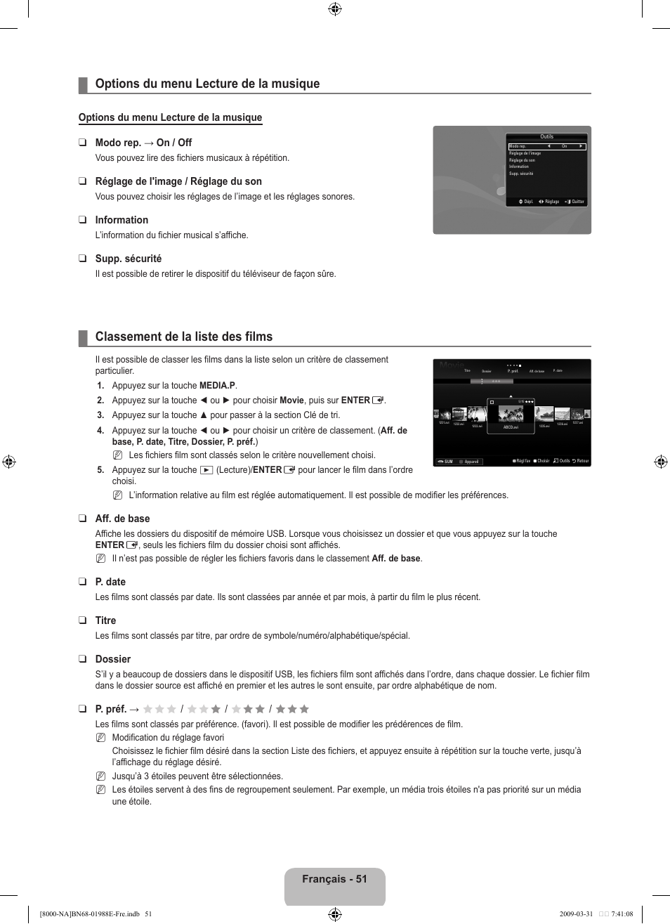 Options du menu lecture de la musique, Classement de la liste des films | Samsung UN55B8000XFXZA User Manual | Page 250 / 290
