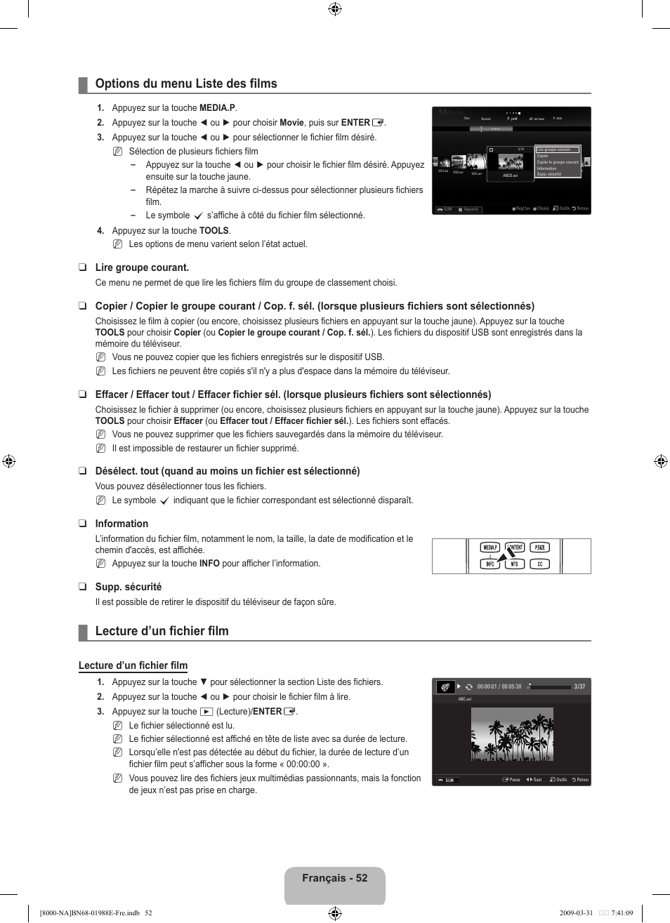 Options du menu liste des films, Lecture d’un fichier film, Français - 2 | Lire groupe courant, Information, Supp. sécurité | Samsung UN55B8000XFXZA User Manual | Page 251 / 290