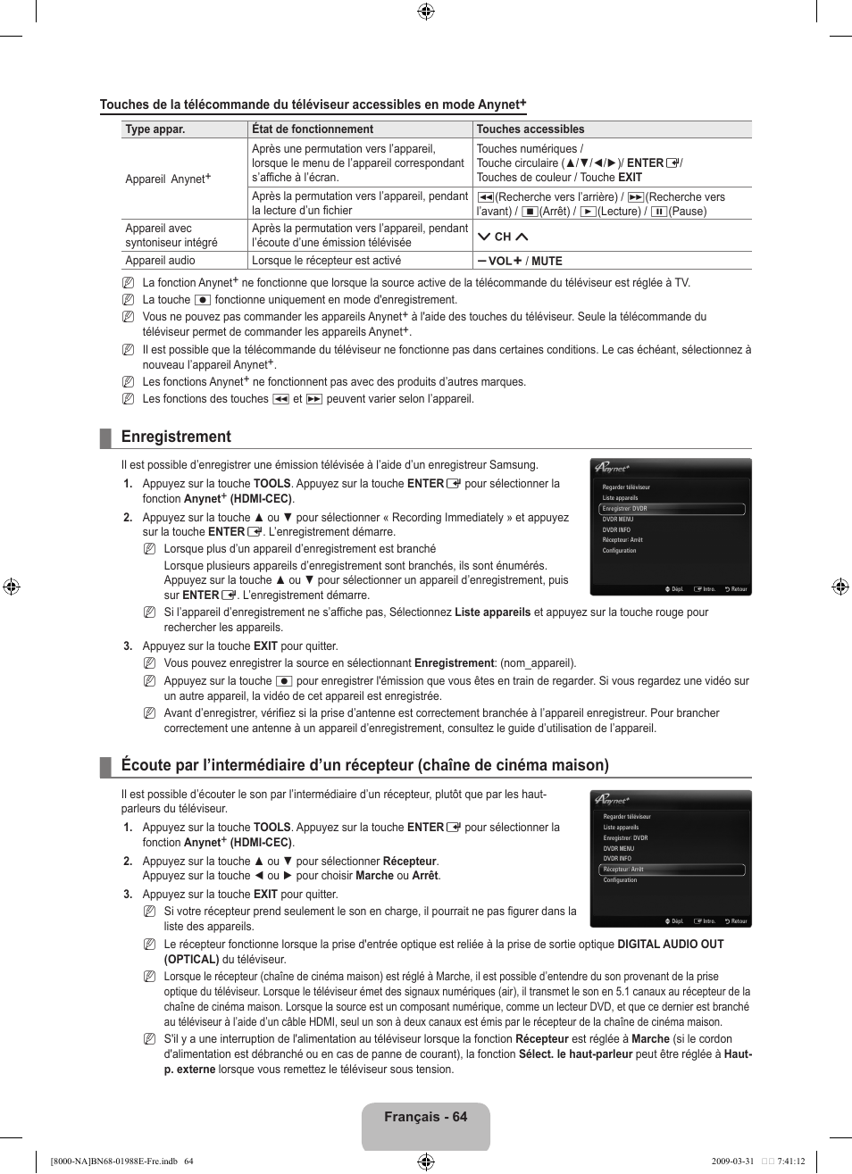 Enregistrement | Samsung UN55B8000XFXZA User Manual | Page 263 / 290