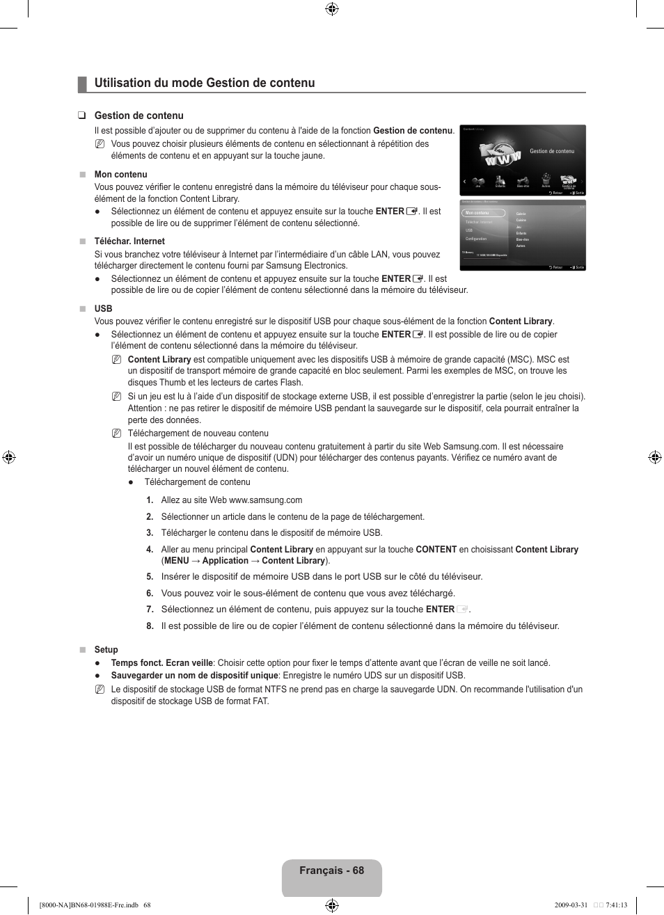 Utilisation du mode gestion de contenu, Français - 68, Gestion de contenu | Samsung UN55B8000XFXZA User Manual | Page 267 / 290