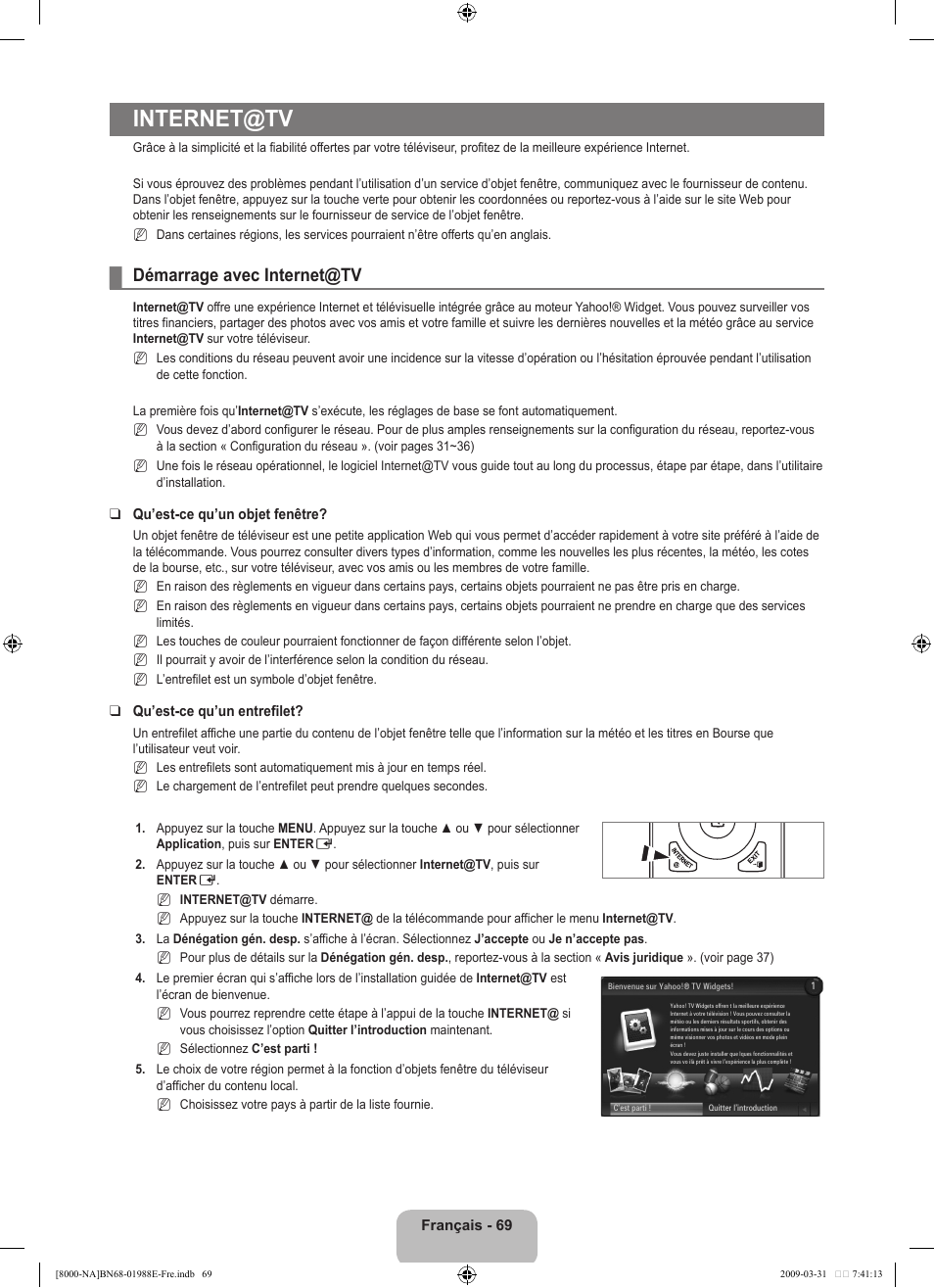 Internet@tv, Démarrage avec internet@tv | Samsung UN55B8000XFXZA User Manual | Page 268 / 290