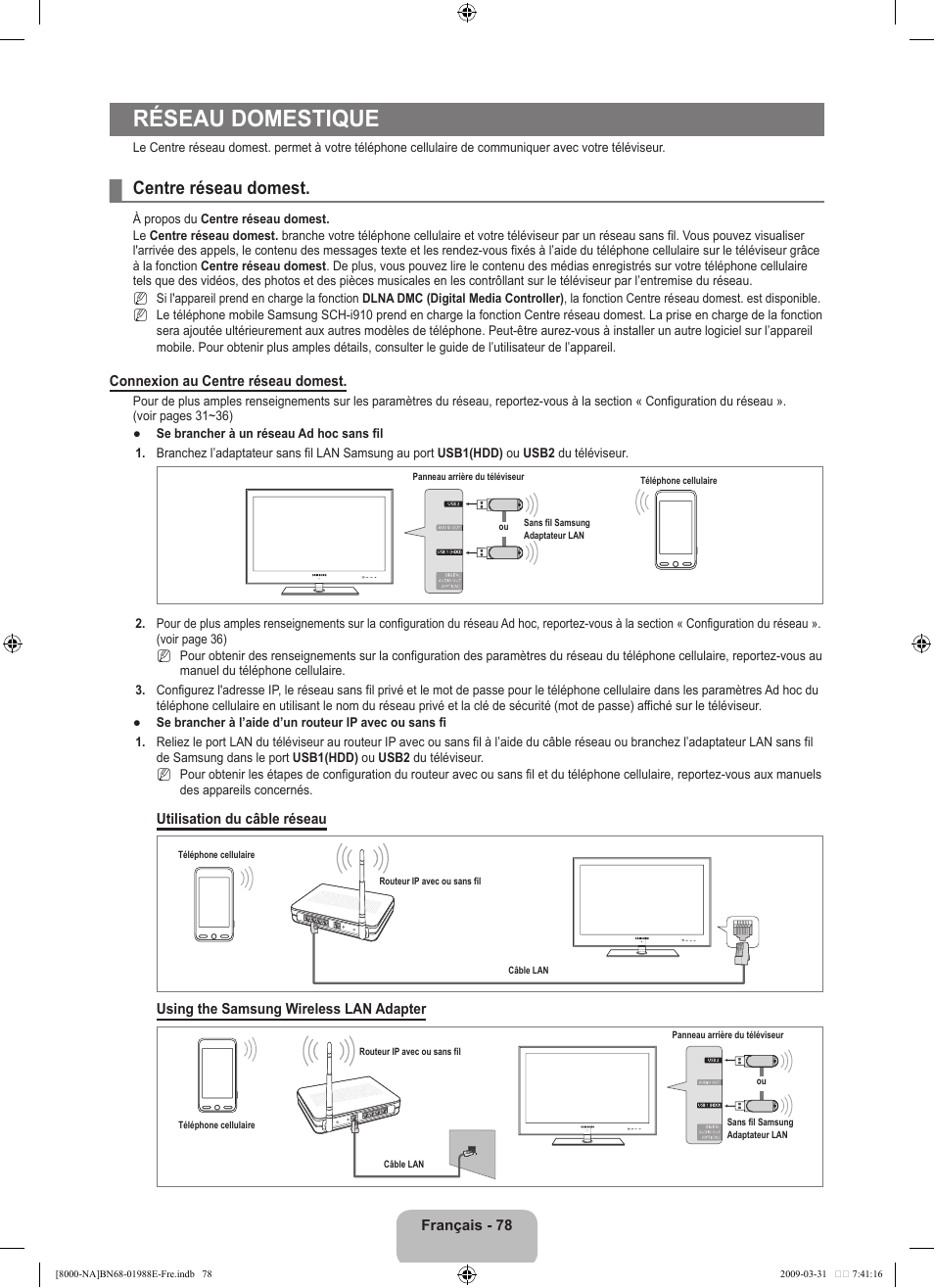 Réseau domestique, Centre réseau domest | Samsung UN55B8000XFXZA User Manual | Page 277 / 290