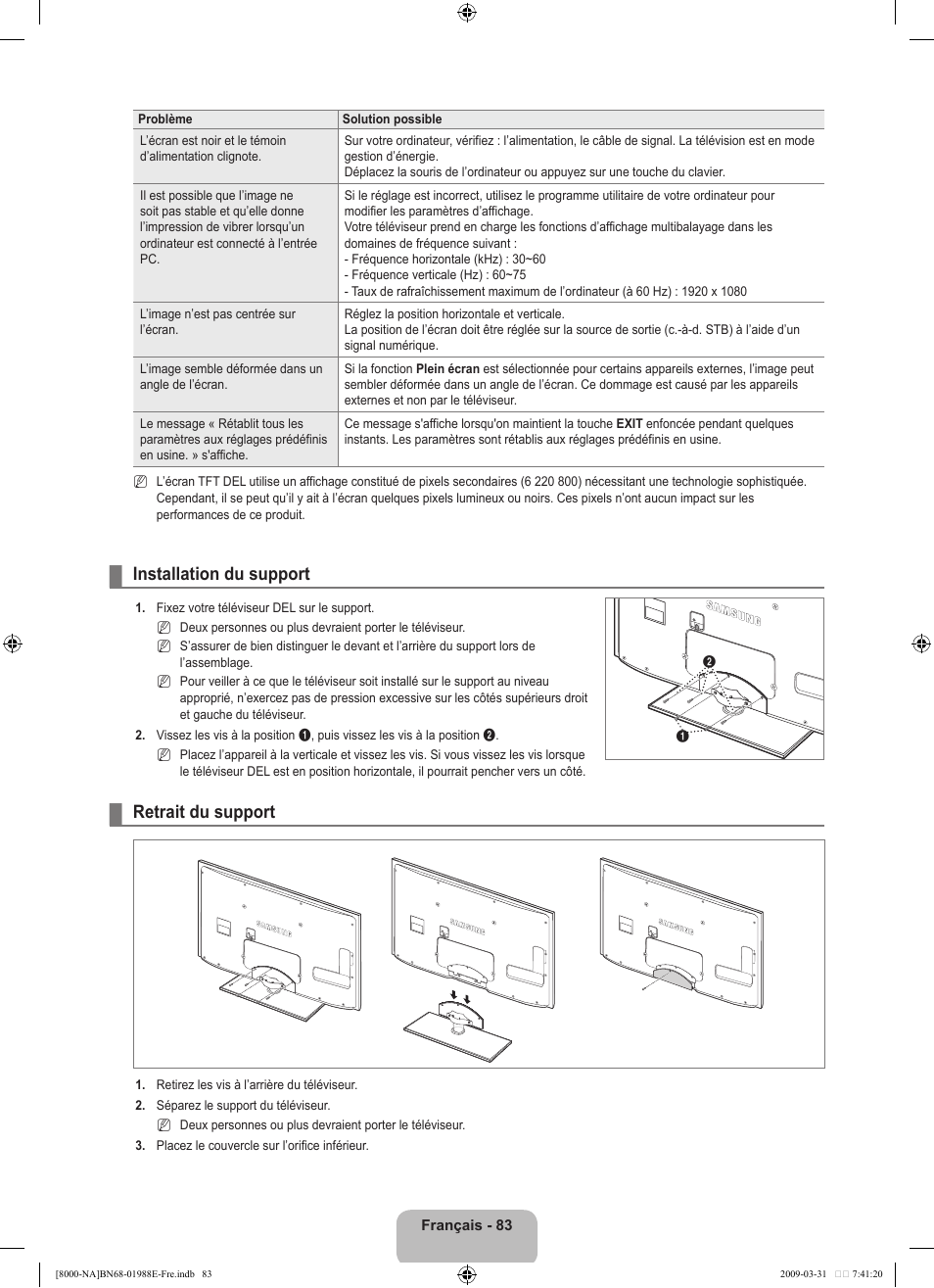 Installation du support, Retrait du support | Samsung UN55B8000XFXZA User Manual | Page 282 / 290