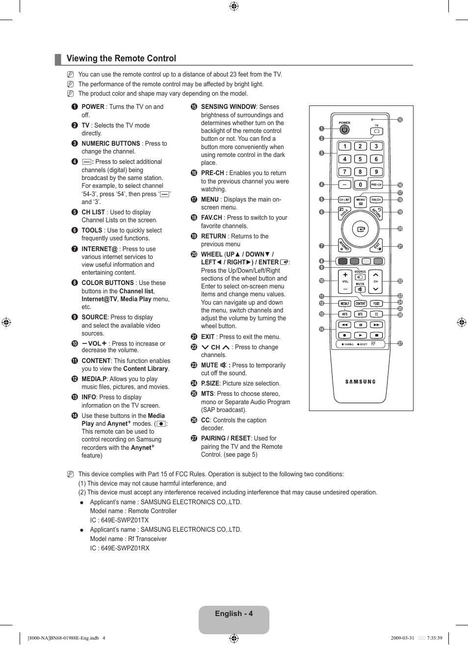 Viewing the remote control | Samsung UN55B8000XFXZA User Manual | Page 6 / 290