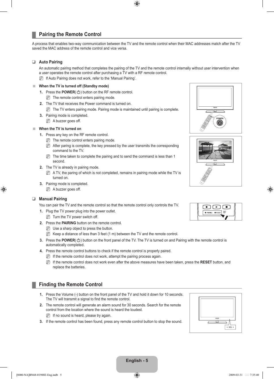 Pairing the remote control, Finding the remote control | Samsung UN55B8000XFXZA User Manual | Page 7 / 290