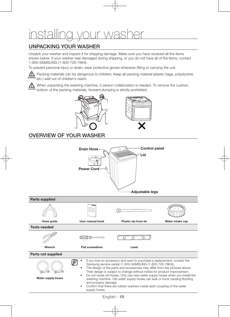 Installing your washer, Unpacking your washer, Overview of your washer | Samsung WA45H7000AW-A2 User Manual | Page 10 / 132