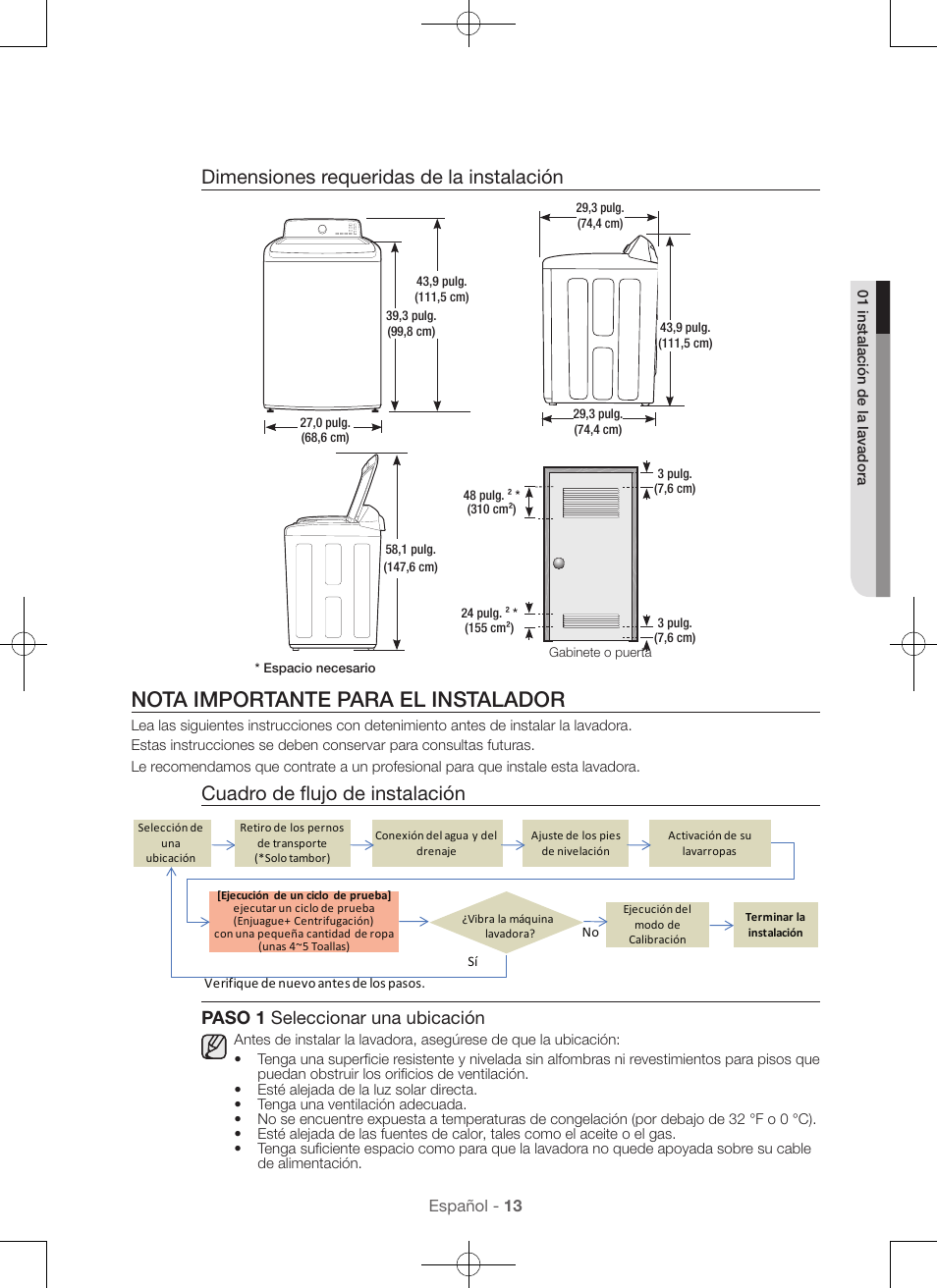 Nota importante para el instalador, Dimensiones requeridas de la instalación, Cuadro de flujo de instalación | Paso 1 seleccionar una ubicación | Samsung WA45H7000AW-A2 User Manual | Page 101 / 132