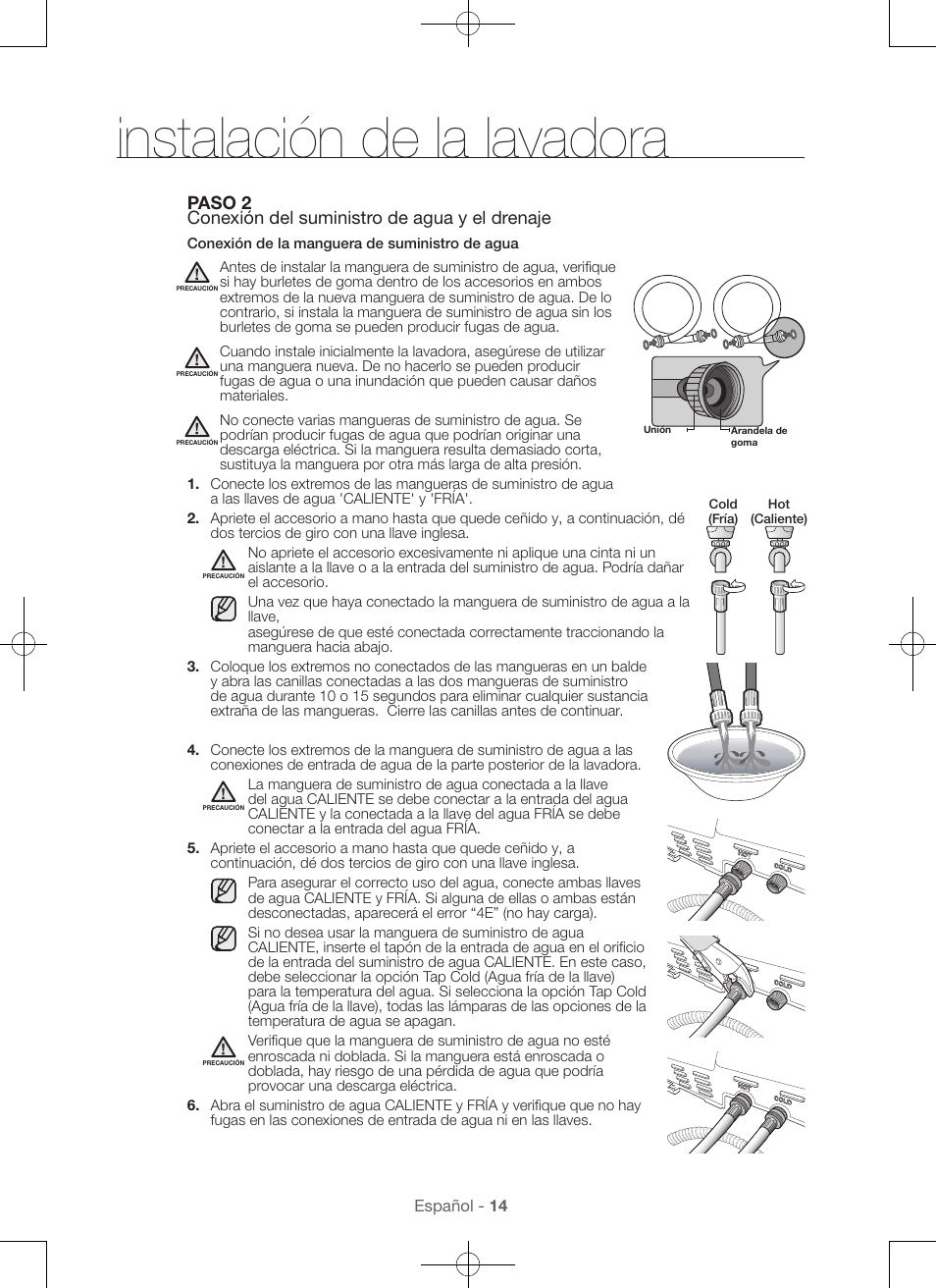 Instalación de la lavadora | Samsung WA45H7000AW-A2 User Manual | Page 102 / 132