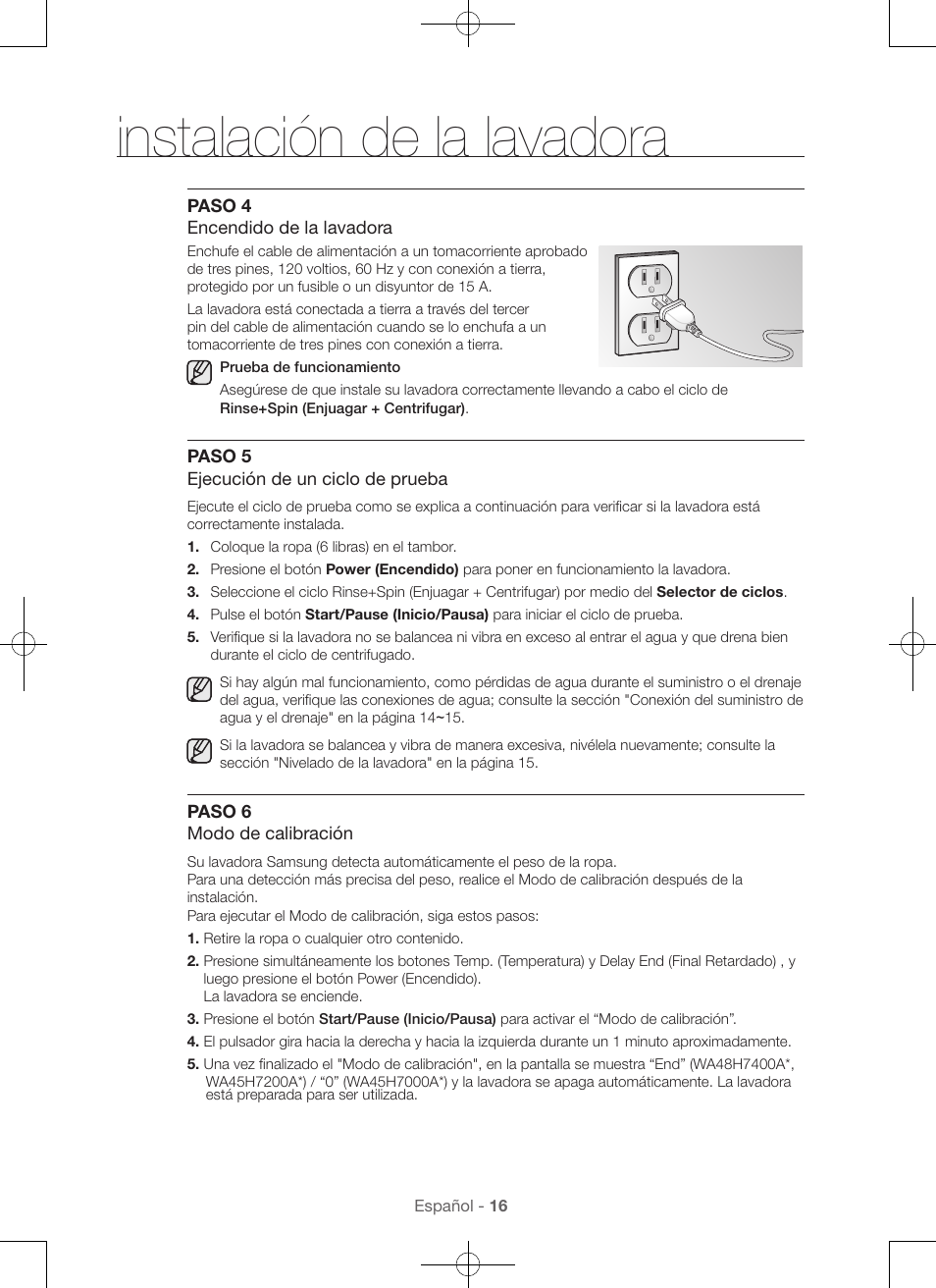 Instalación de la lavadora | Samsung WA45H7000AW-A2 User Manual | Page 104 / 132