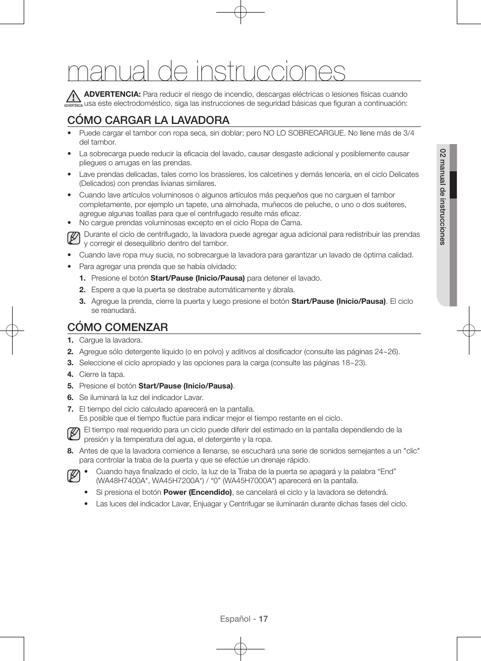 Manual de instrucciones, Cómo cargar la lavadora, Cómo comenzar | Samsung WA45H7000AW-A2 User Manual | Page 105 / 132