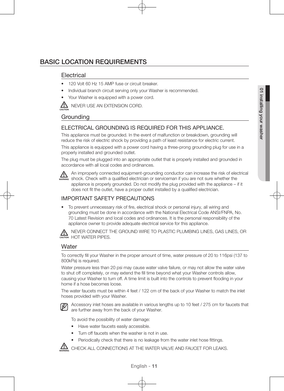 Basic location requirements, Electrical, Grounding | Water | Samsung WA45H7000AW-A2 User Manual | Page 11 / 132