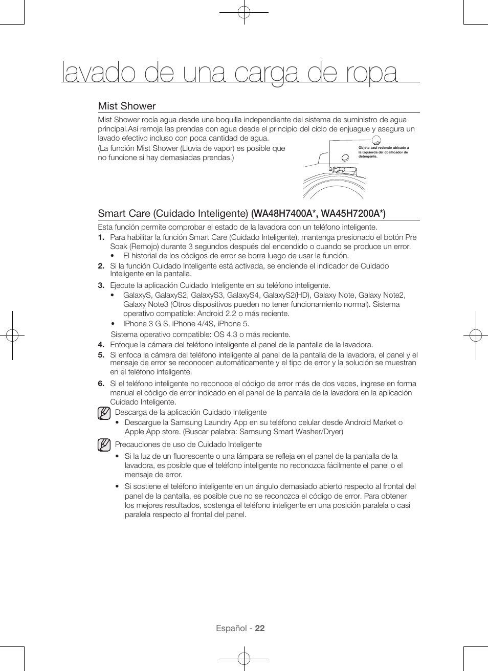 Lavado de una carga de ropa, Mist shower | Samsung WA45H7000AW-A2 User Manual | Page 110 / 132