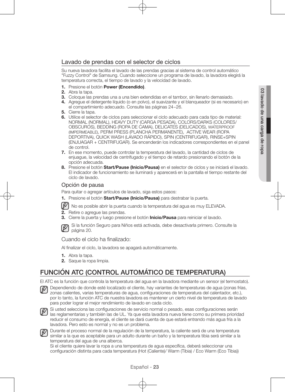 Función atc (control automático de temperatura), Lavado de prendas con el selector de ciclos | Samsung WA45H7000AW-A2 User Manual | Page 111 / 132