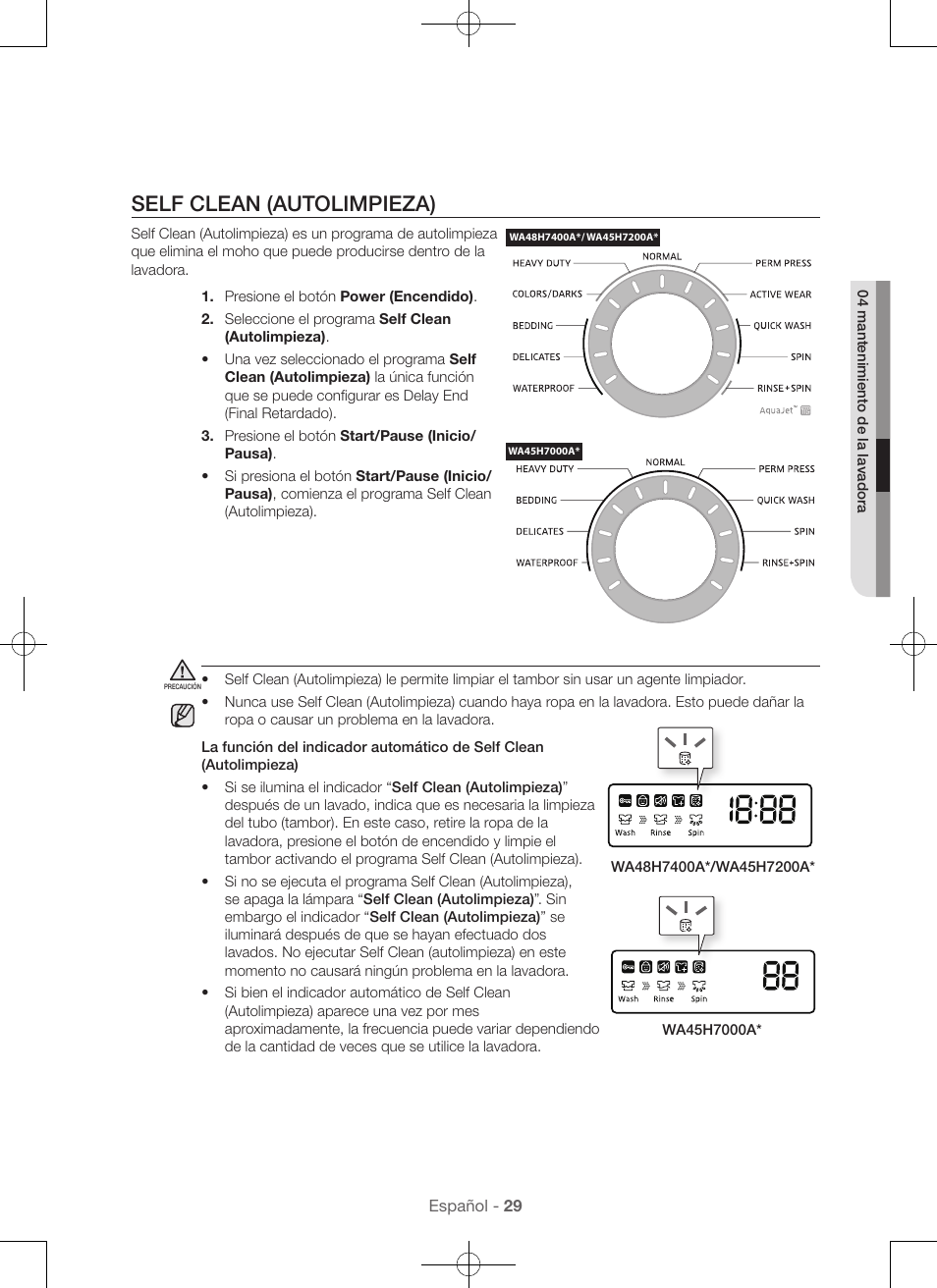 Self clean (autolimpieza) | Samsung WA45H7000AW-A2 User Manual | Page 117 / 132