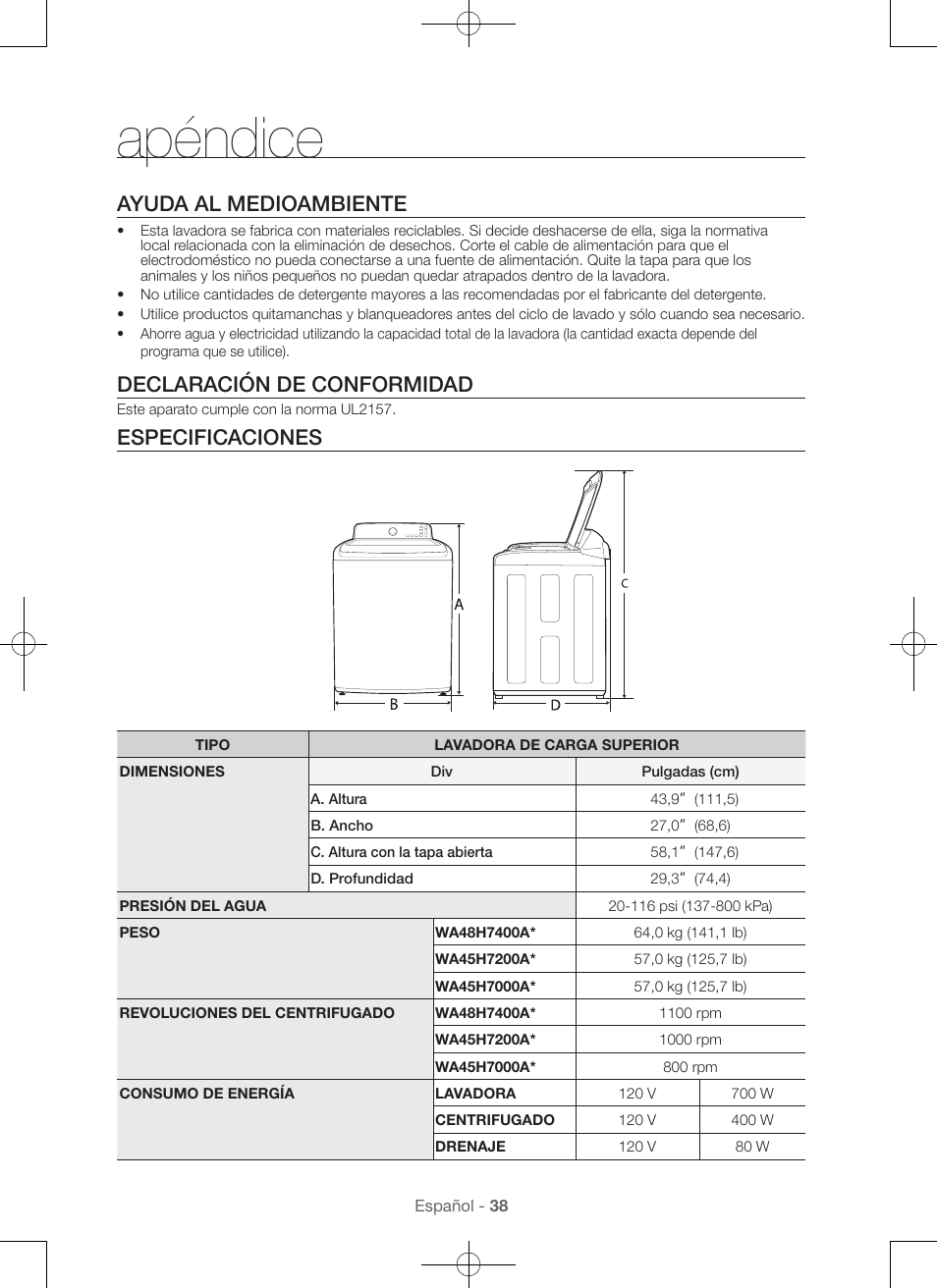 Apéndice, Ayuda al medioambiente, Declaración de conformidad | Especificaciones | Samsung WA45H7000AW-A2 User Manual | Page 126 / 132