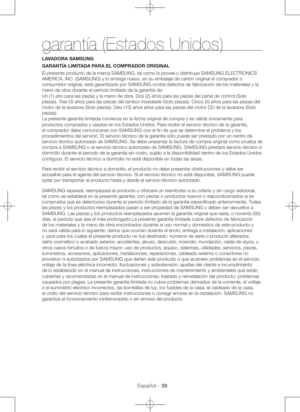 Garantía (estados unidos) | Samsung WA45H7000AW-A2 User Manual | Page 127 / 132