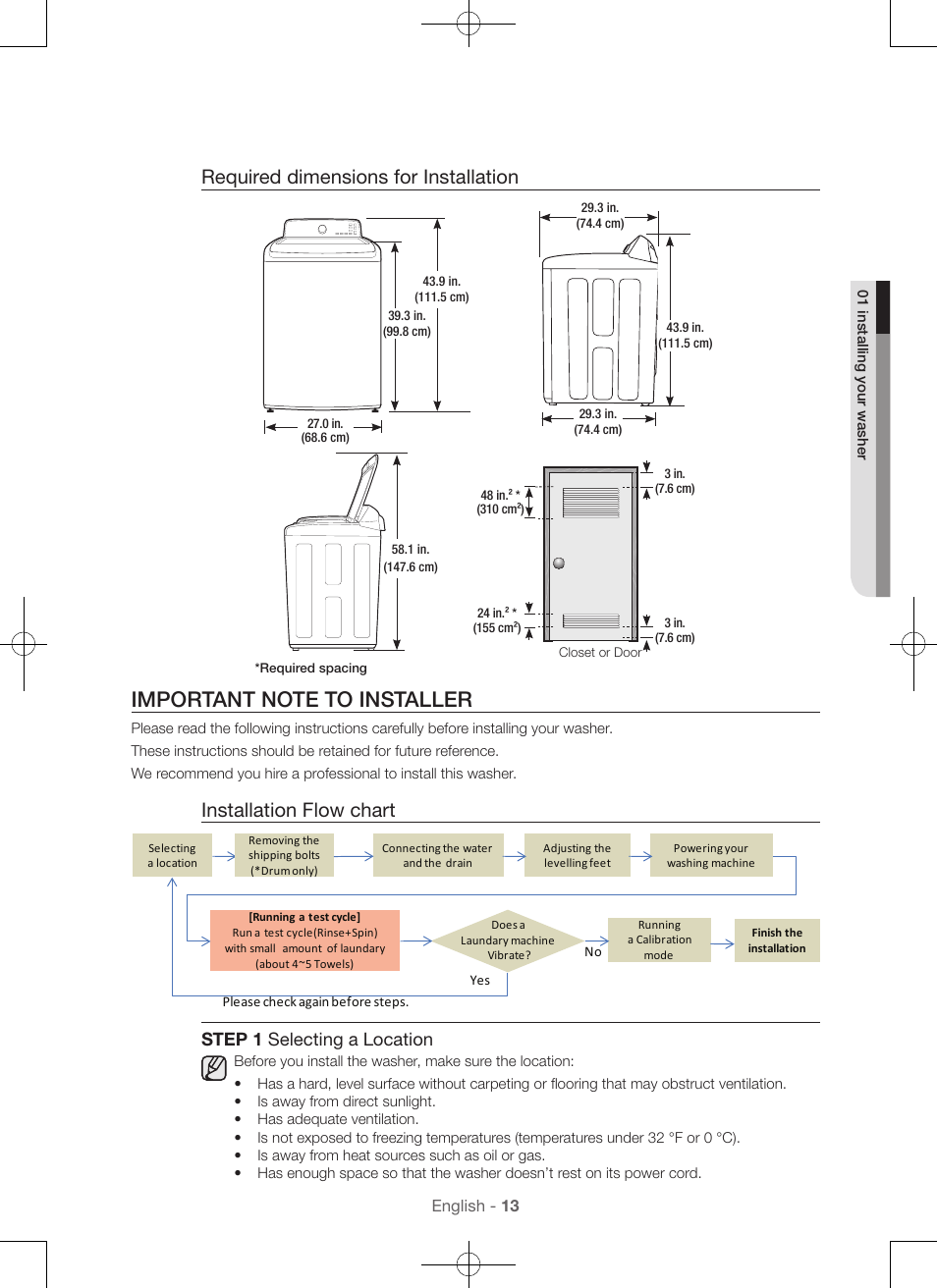 Required dimensions for installation, Installation flow chart, Step 1 selecting a location | Samsung WA45H7000AW-A2 User Manual | Page 13 / 132