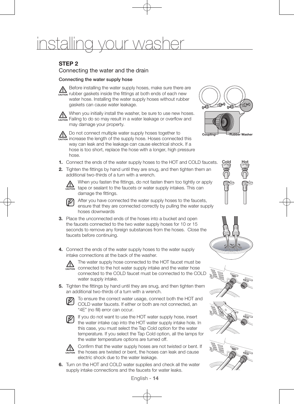 Installing your washer, Step 2 connecting the water and the drain | Samsung WA45H7000AW-A2 User Manual | Page 14 / 132