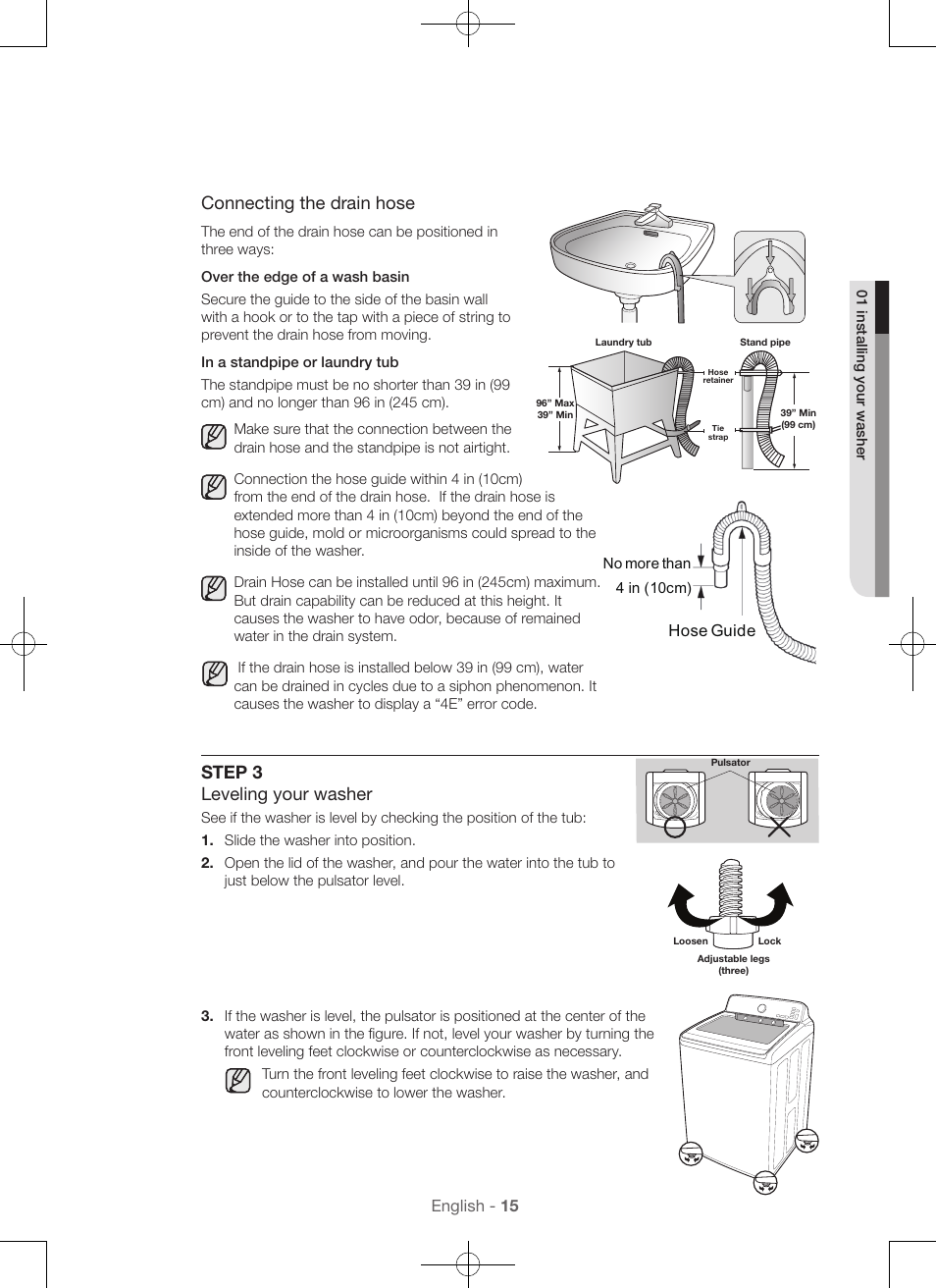 Connecting the drain hose, Step 3 leveling your washer | Samsung WA45H7000AW-A2 User Manual | Page 15 / 132