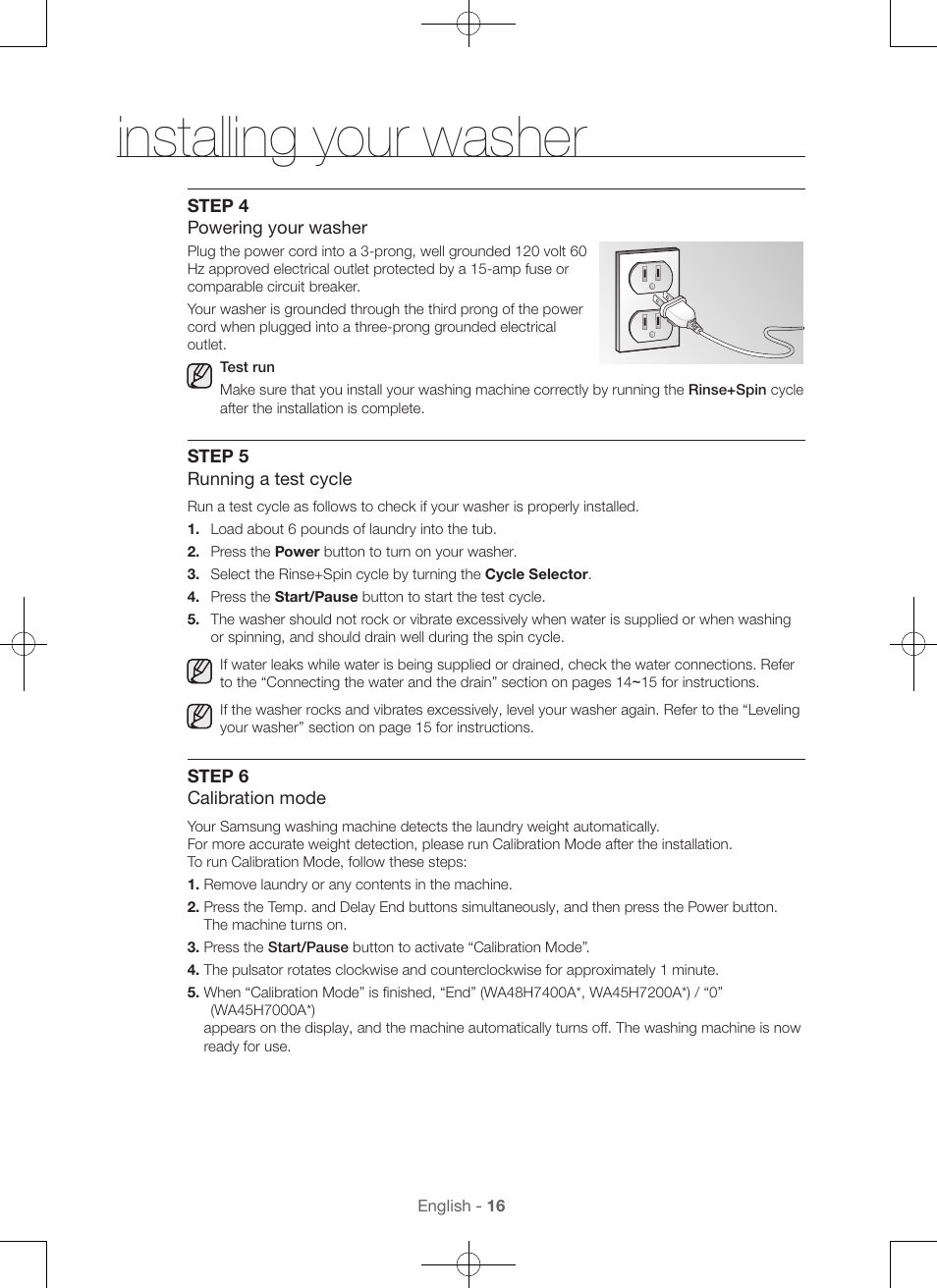 Installing your washer | Samsung WA45H7000AW-A2 User Manual | Page 16 / 132