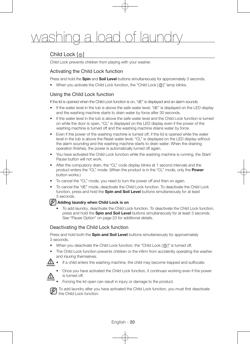 Washing a load of laundry, Child lock | Samsung WA45H7000AW-A2 User Manual | Page 20 / 132