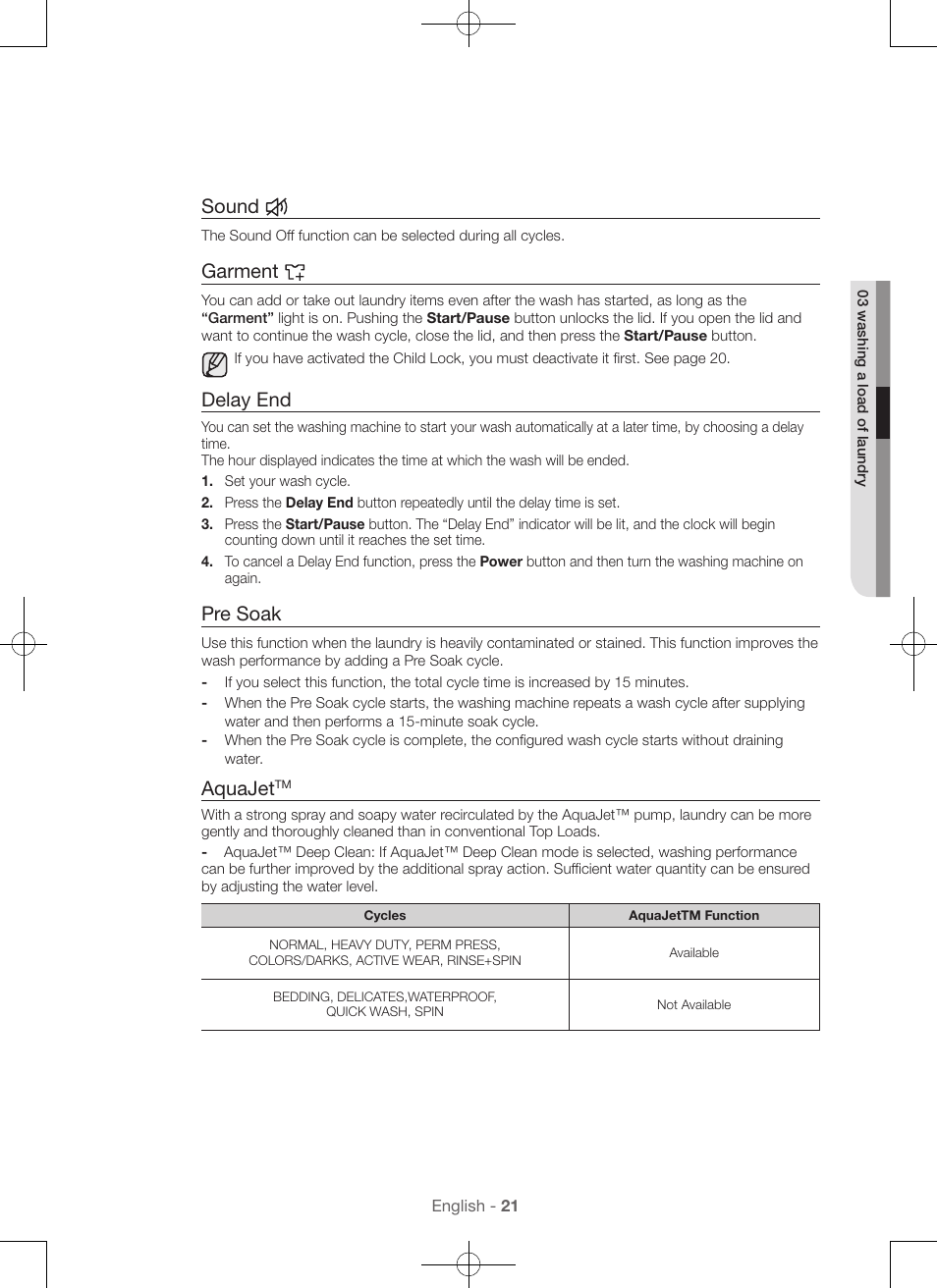 Sound, Garment, Delay end | Pre soak, Aquajet | Samsung WA45H7000AW-A2 User Manual | Page 21 / 132