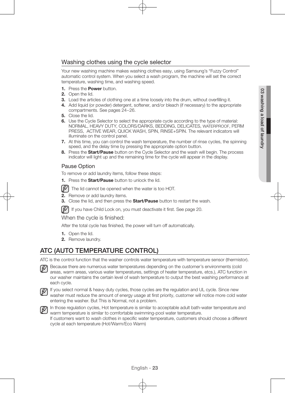 Atc (auto temperature control), Washing clothes using the cycle selector | Samsung WA45H7000AW-A2 User Manual | Page 23 / 132