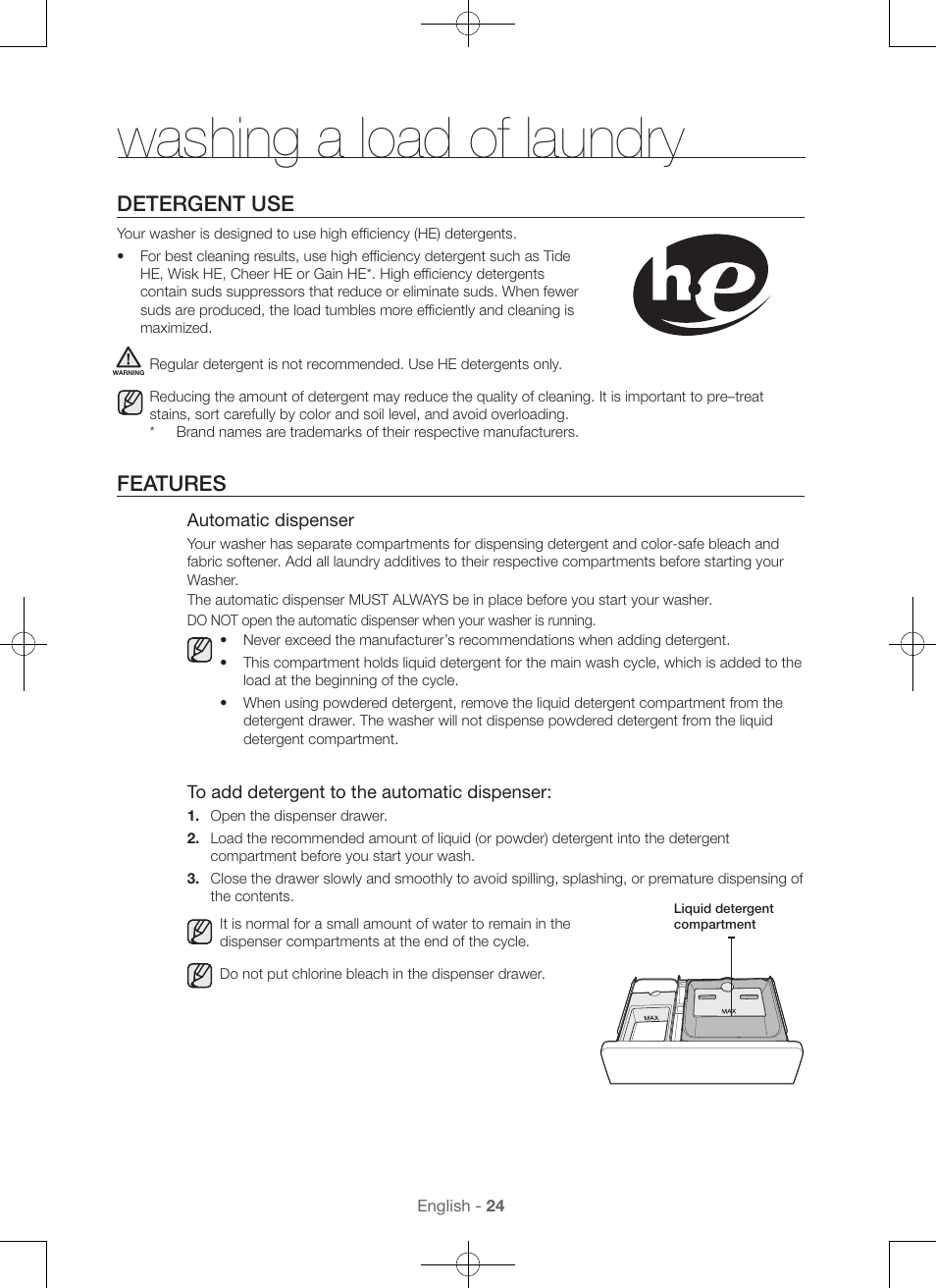 Washing a load of laundry, Detergent use, Features | Samsung WA45H7000AW-A2 User Manual | Page 24 / 132