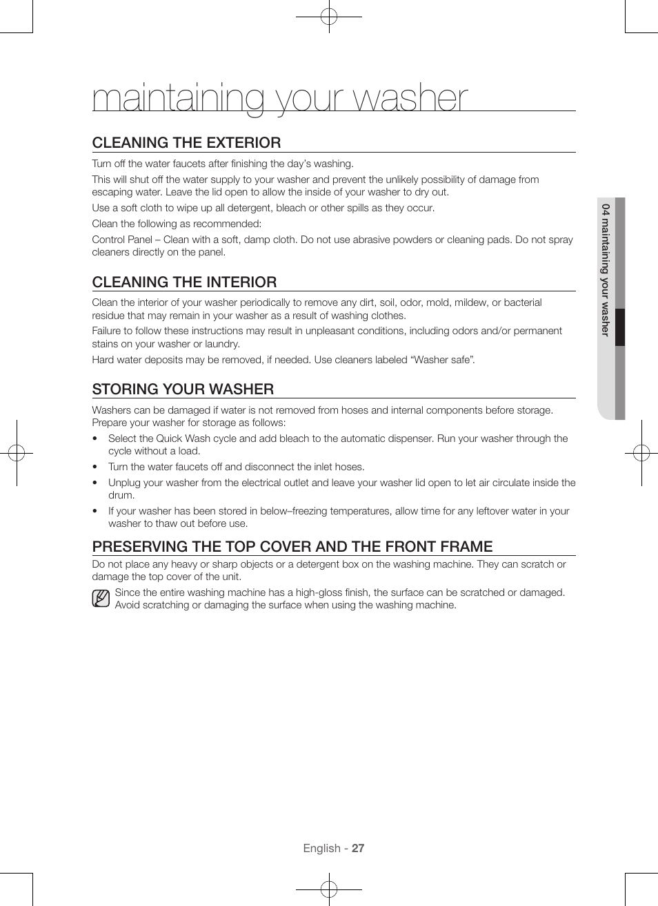 Maintaining your washer, Cleaning the exterior, Cleaning the interior | Storing your washer, Preserving the top cover and the front frame | Samsung WA45H7000AW-A2 User Manual | Page 27 / 132