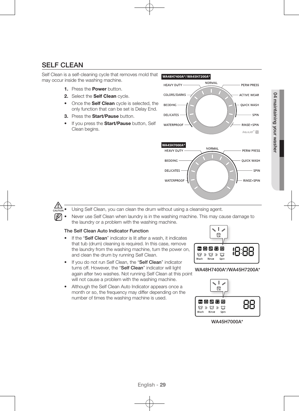 Self clean | Samsung WA45H7000AW-A2 User Manual | Page 29 / 132