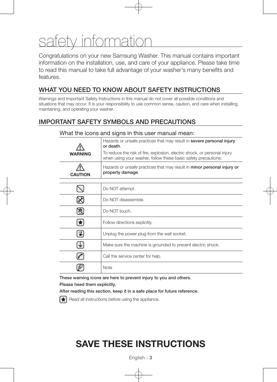 Safety information, Save these instructions, What you need to know about safety instructions | Important safety symbols and precautions | Samsung WA45H7000AW-A2 User Manual | Page 3 / 132