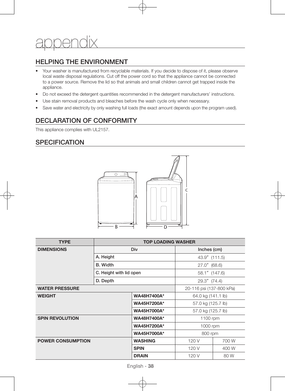 Appendix, Helping the environment, Declaration of conformity | Specification | Samsung WA45H7000AW-A2 User Manual | Page 38 / 132