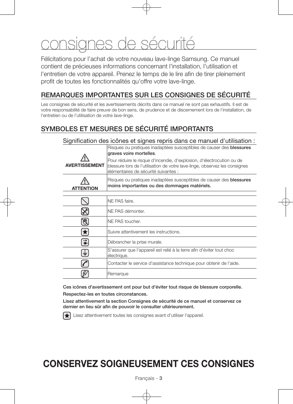 Consignes de sécurité, Conservez soigneusement ces consignes, Symboles et mesures de sécurité importants | Samsung WA45H7000AW-A2 User Manual | Page 47 / 132