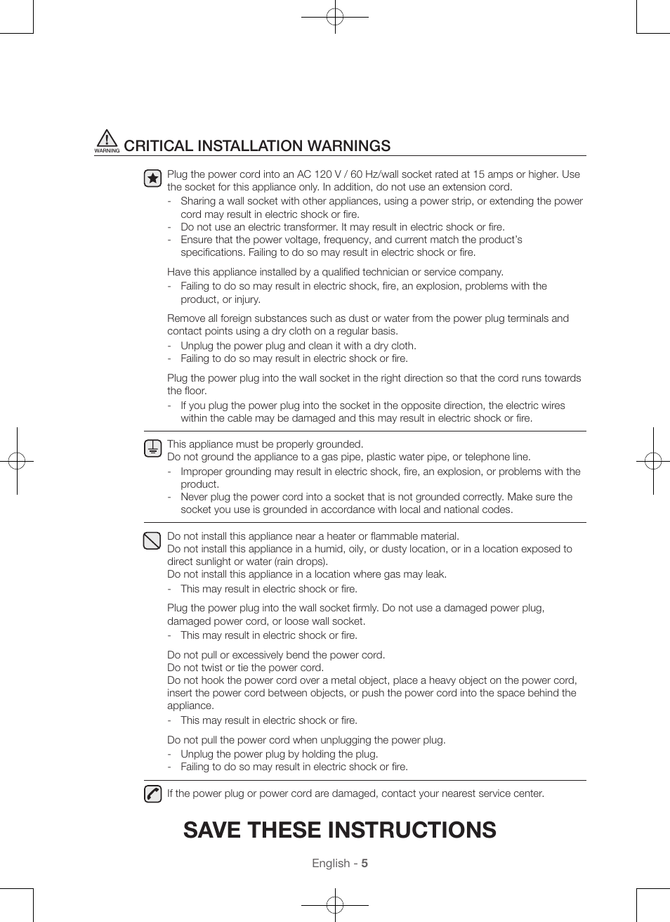 Save these instructions, Critical installation warnings | Samsung WA45H7000AW-A2 User Manual | Page 5 / 132