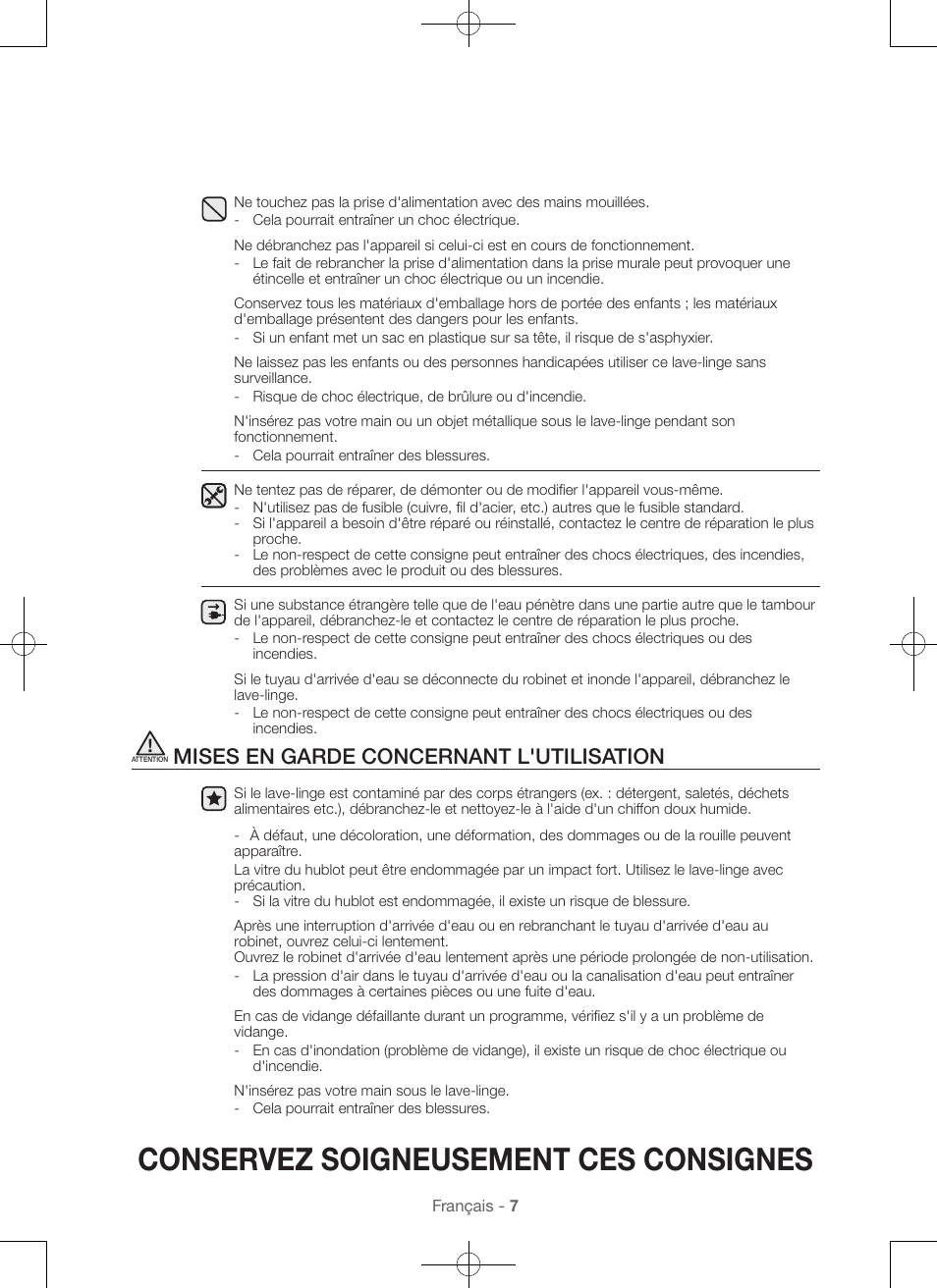 Conservez soigneusement ces consignes, Mises en garde concernant l'utilisation | Samsung WA45H7000AW-A2 User Manual | Page 51 / 132