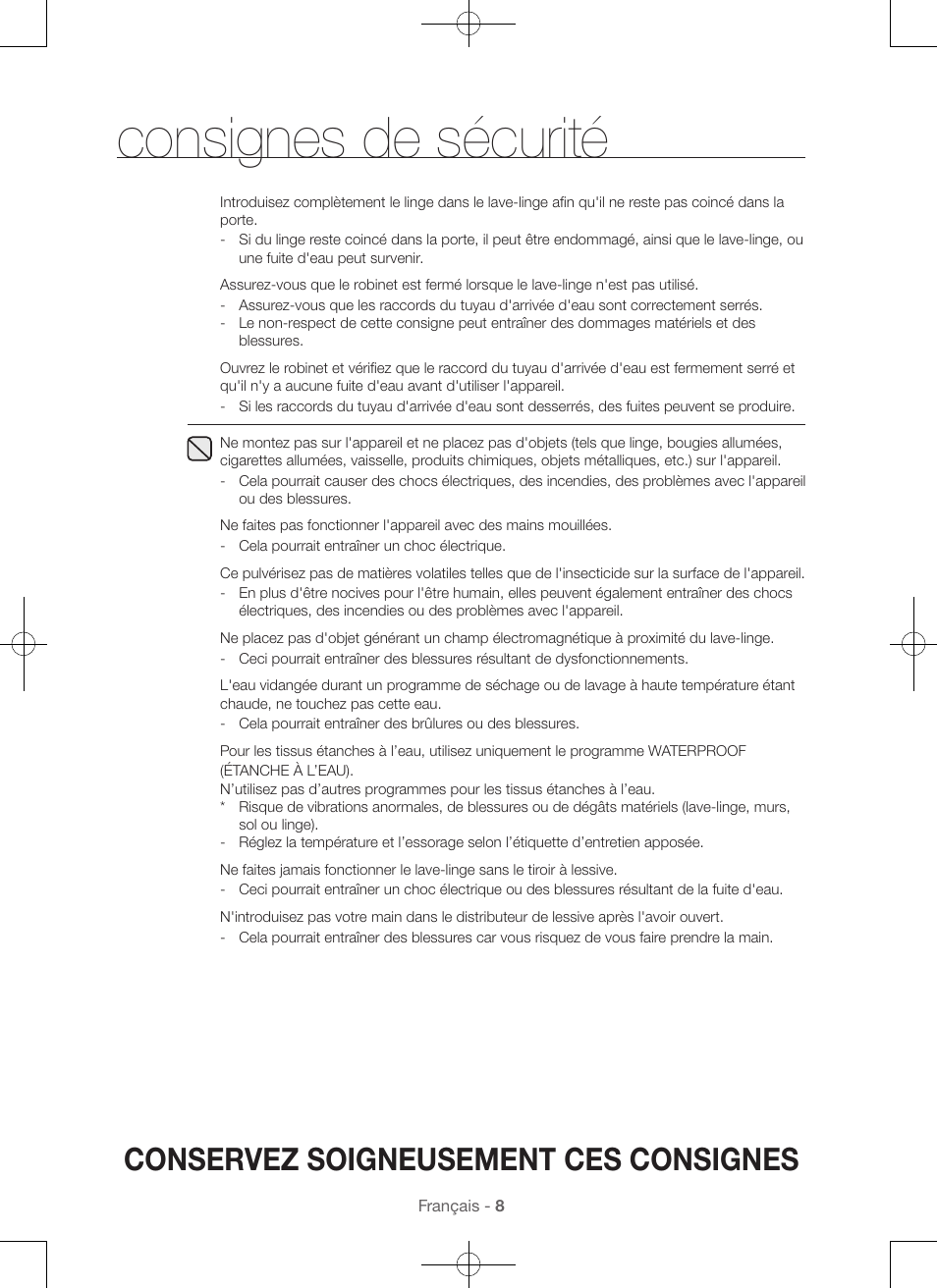 Consignes de sécurité, Conservez soigneusement ces consignes | Samsung WA45H7000AW-A2 User Manual | Page 52 / 132