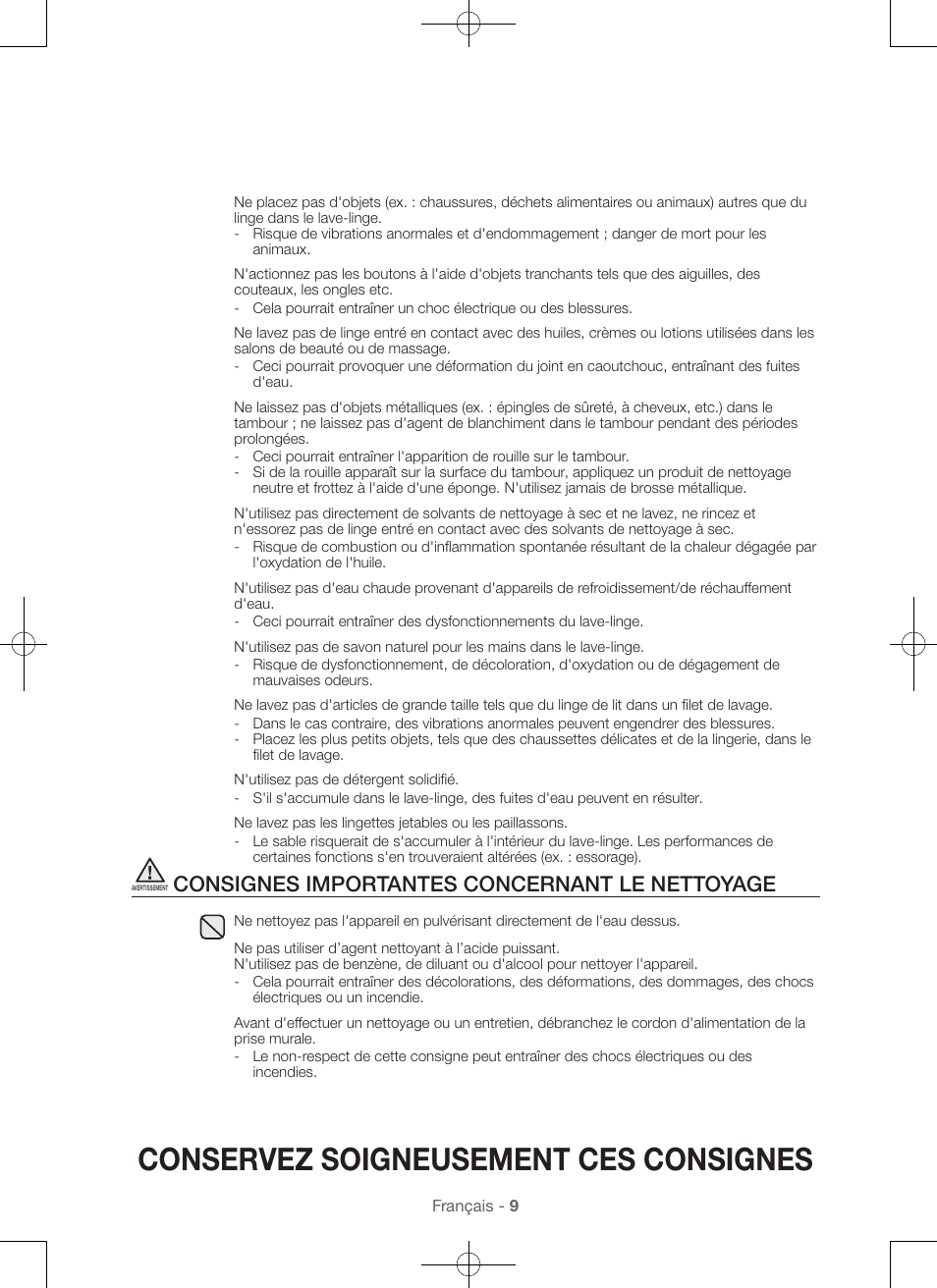 Conservez soigneusement ces consignes, Consignes importantes concernant le nettoyage | Samsung WA45H7000AW-A2 User Manual | Page 53 / 132