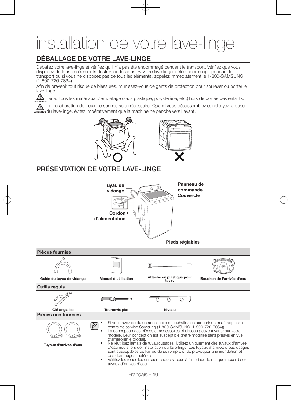 Installation de votre lave-linge, Déballage de votre lave-linge, Présentation de votre lave-linge | Samsung WA45H7000AW-A2 User Manual | Page 54 / 132